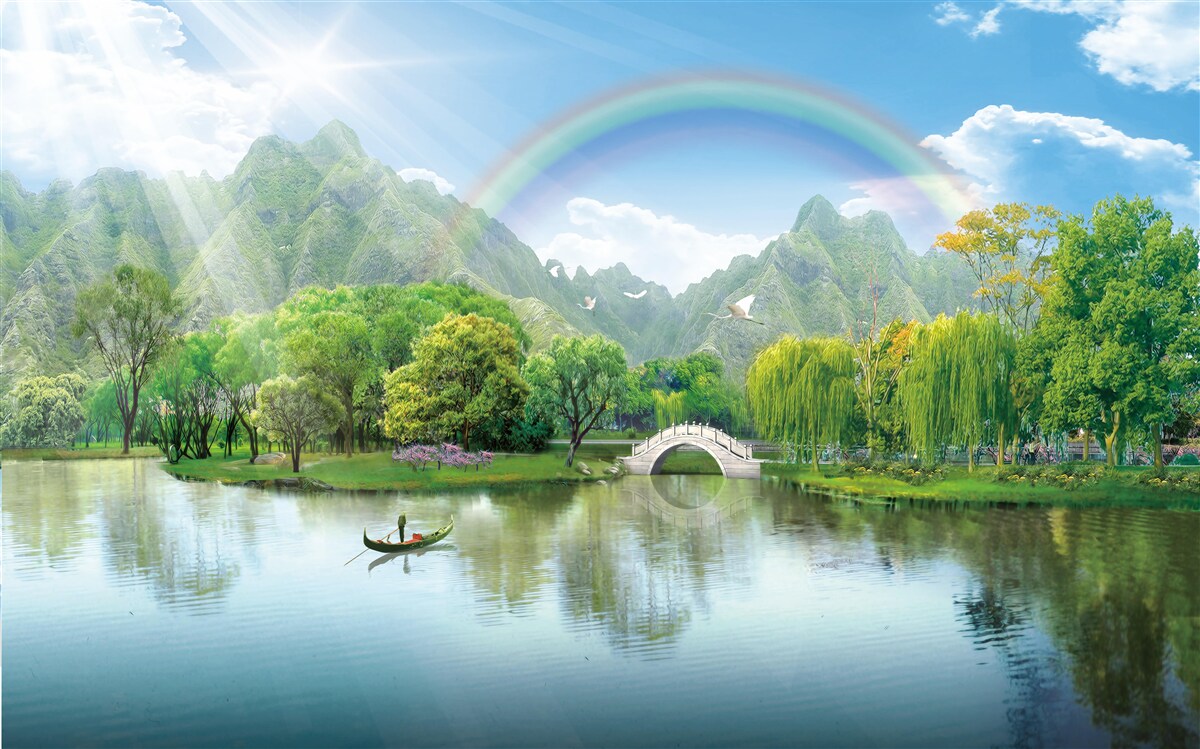 Фотошпалери Японське гірське озеро з веселкою над ним