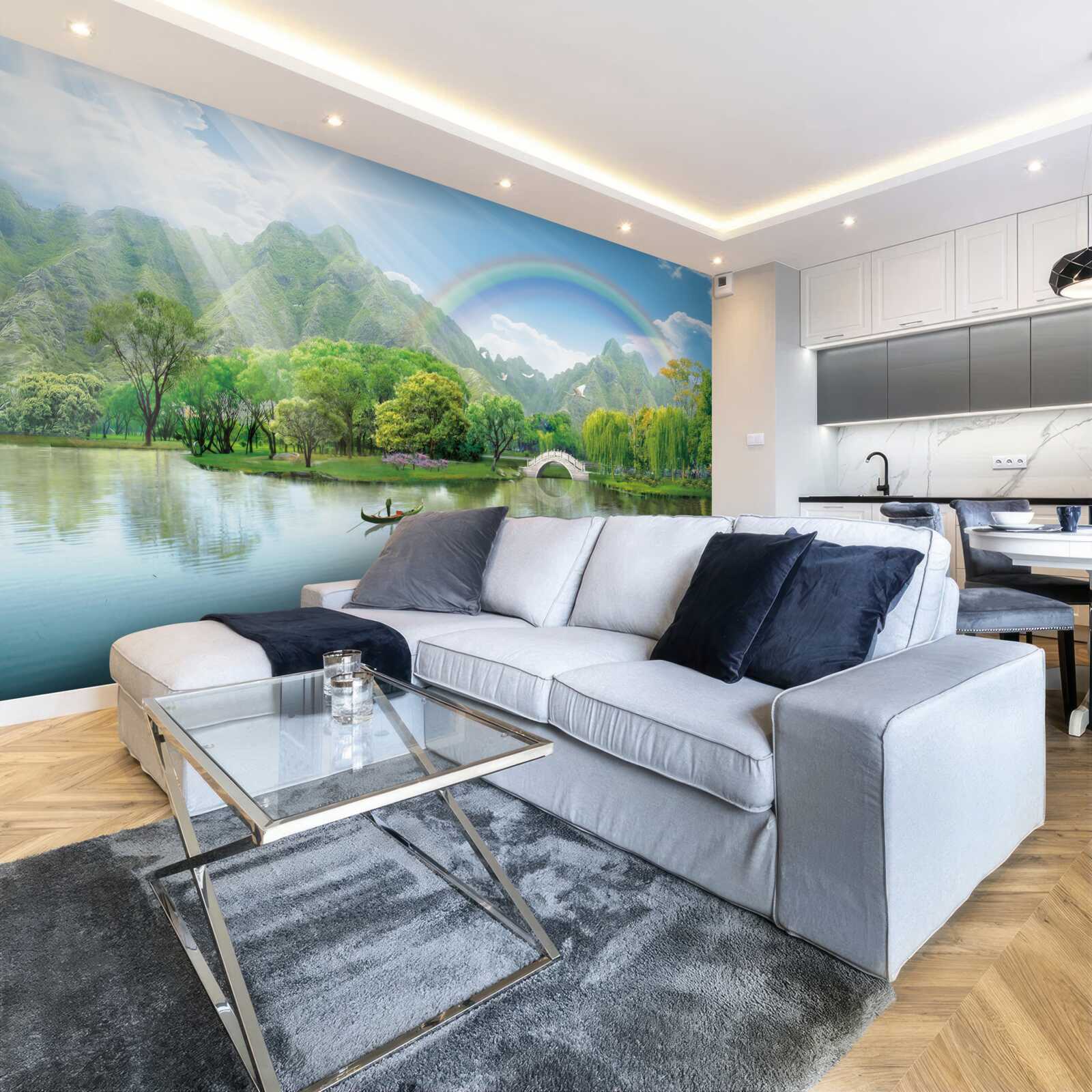 Фотошпалери Японське гірське озеро з веселкою над ним