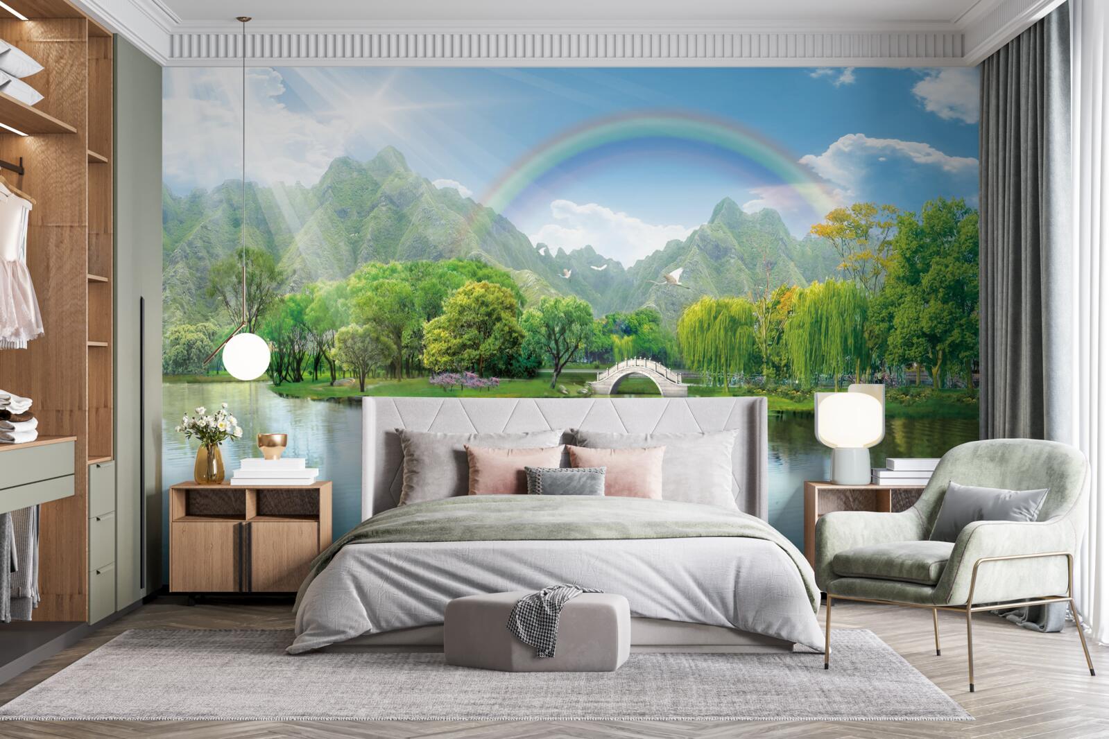 Фотошпалери Японське гірське озеро з веселкою над ним