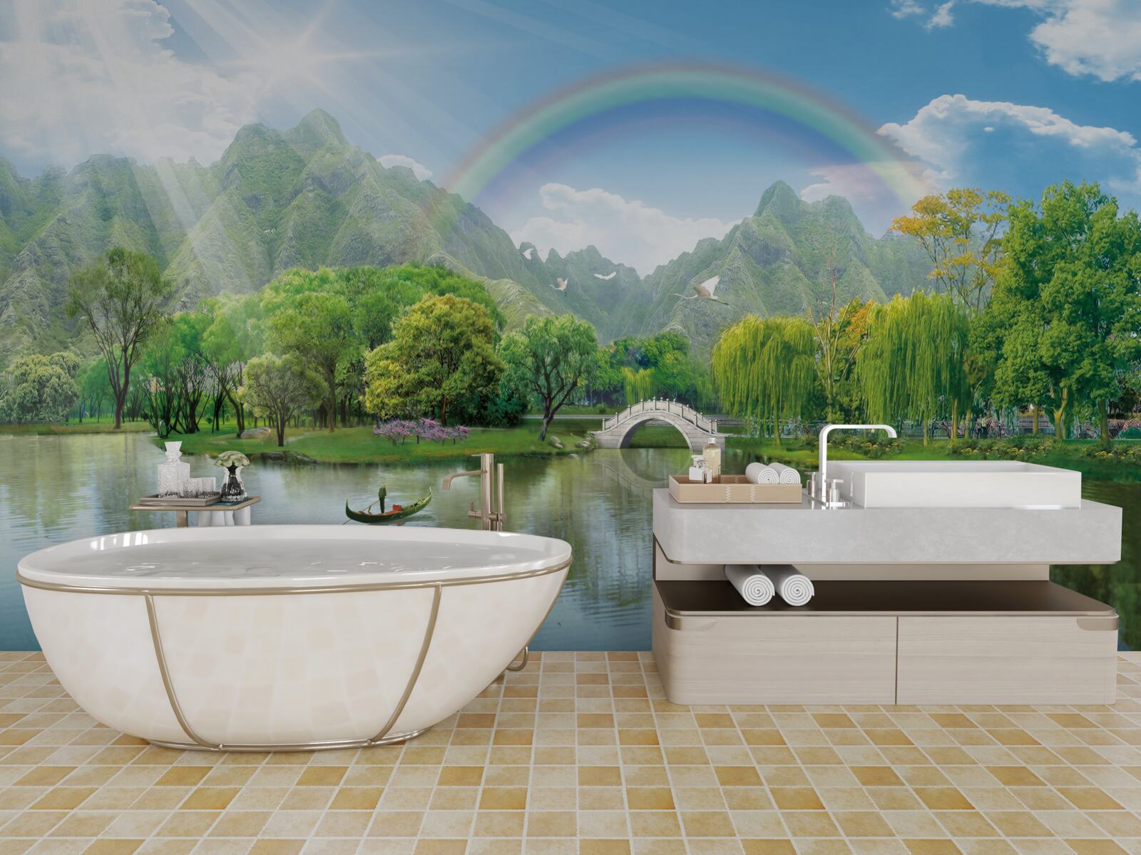 Фотошпалери Японське гірське озеро з веселкою над ним