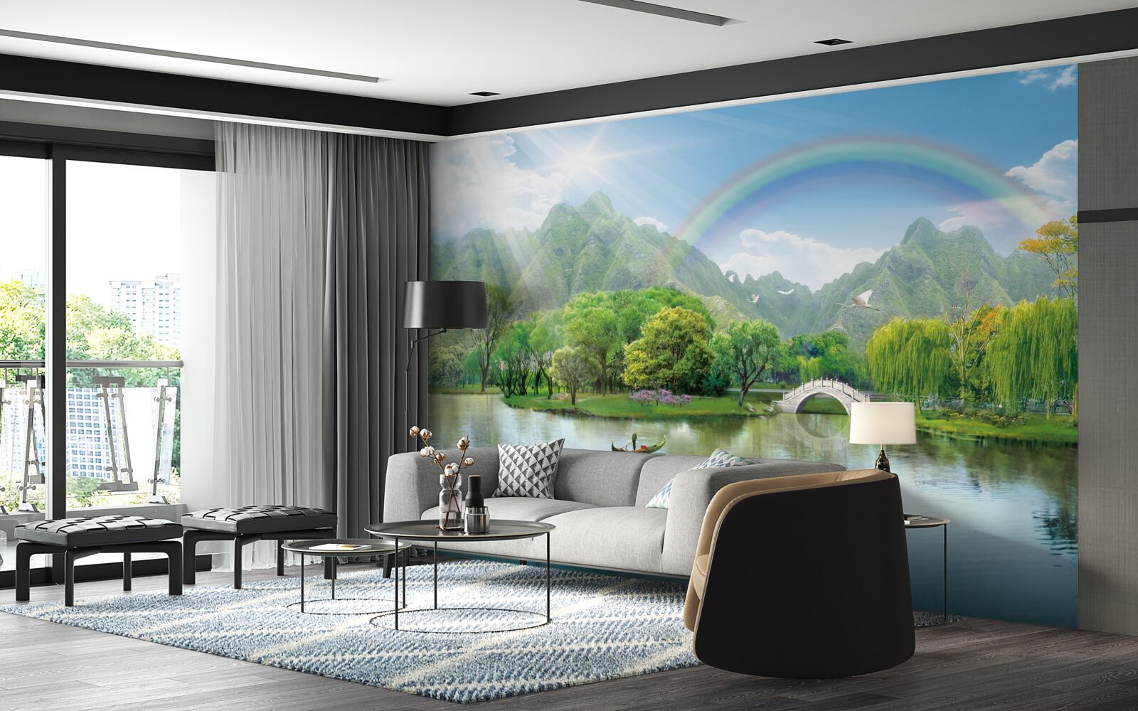 Фотошпалери Японське гірське озеро з веселкою над ним