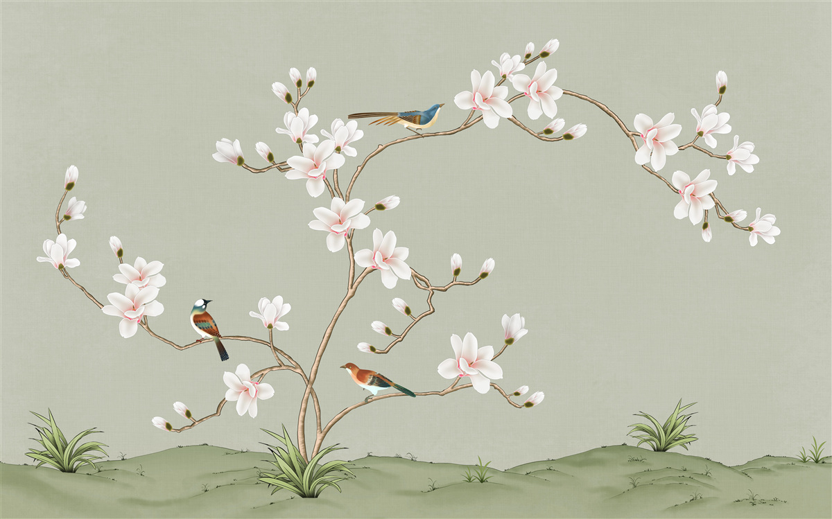 Фотошпалери елегантне дерево, прикрашене квітами і оточене птахами