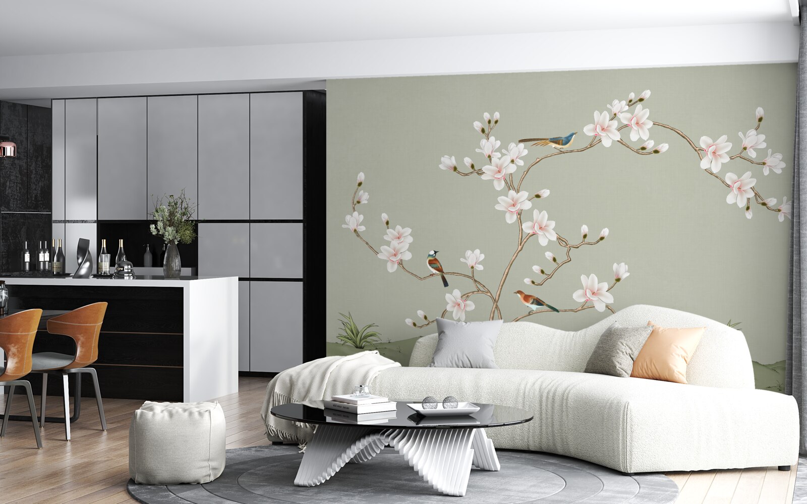 Фотошпалери елегантне дерево, прикрашене квітами і оточене птахами