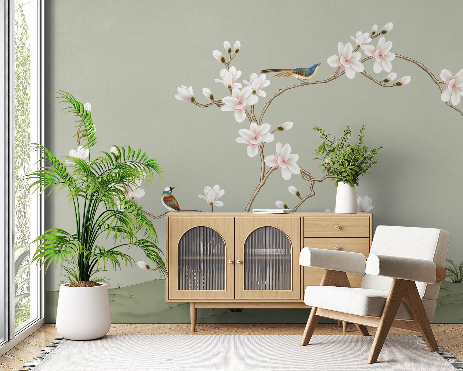 Фотошпалери елегантне дерево, прикрашене квітами і оточене птахами