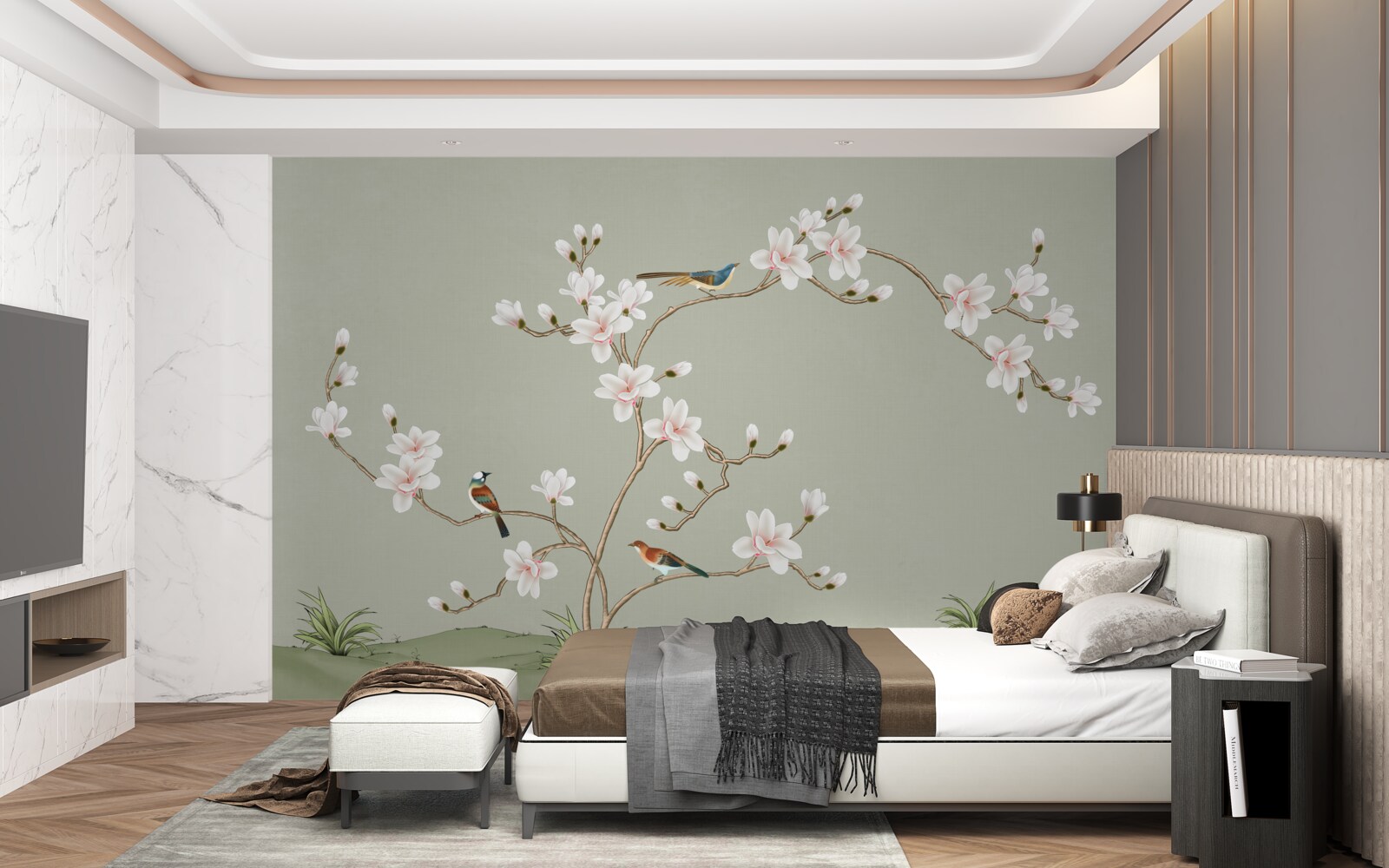 Фотошпалери елегантне дерево, прикрашене квітами і оточене птахами