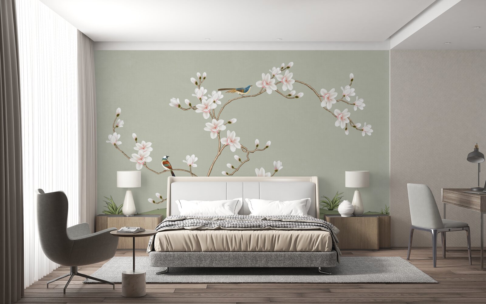 Фотошпалери елегантне дерево, прикрашене квітами і оточене птахами