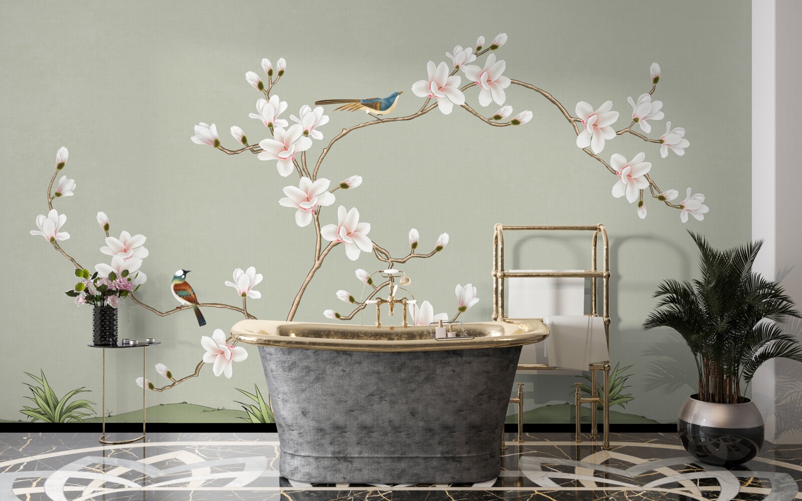 Фотошпалери елегантне дерево, прикрашене квітами і оточене птахами