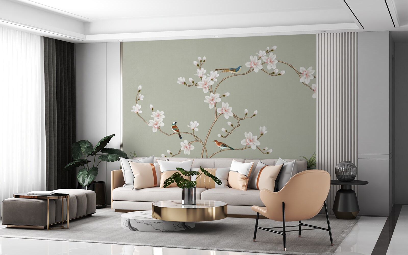 Фотошпалери елегантне дерево, прикрашене квітами і оточене птахами