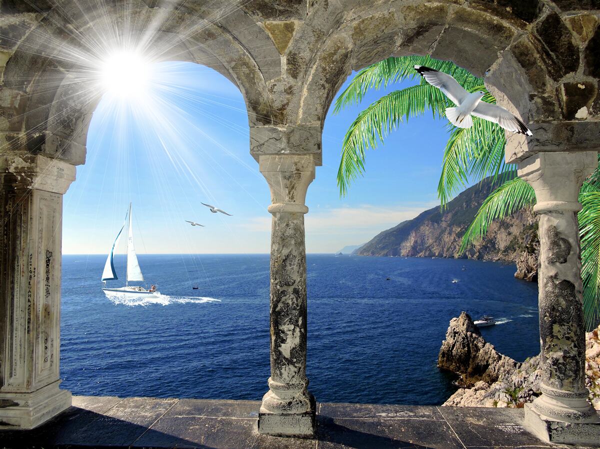 Фотошпалери старовинна арка з видом на море