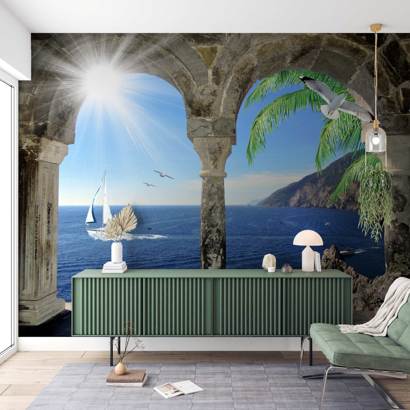 Фотошпалери старовинна арка з видом на море