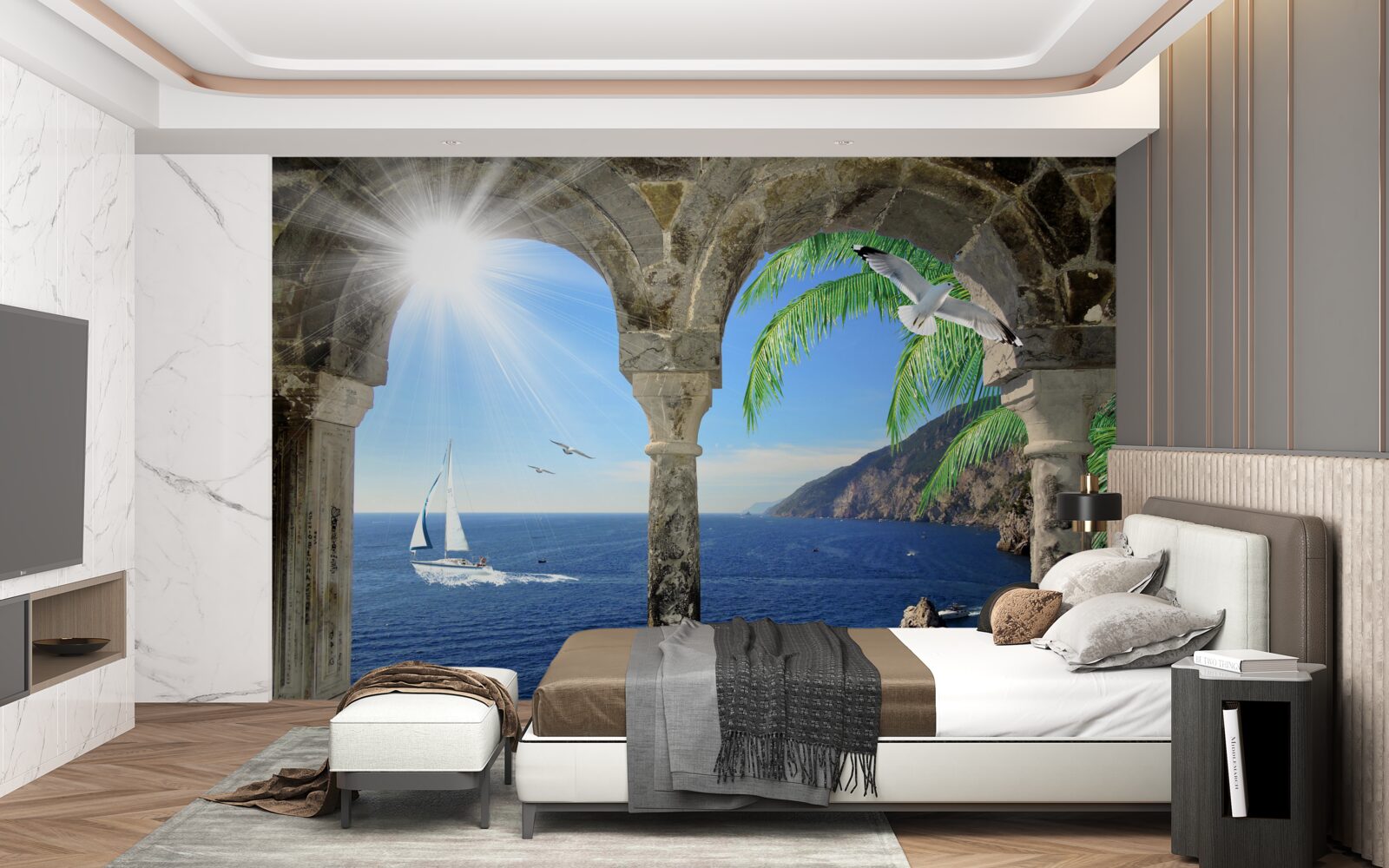 Фотошпалери старовинна арка з видом на море