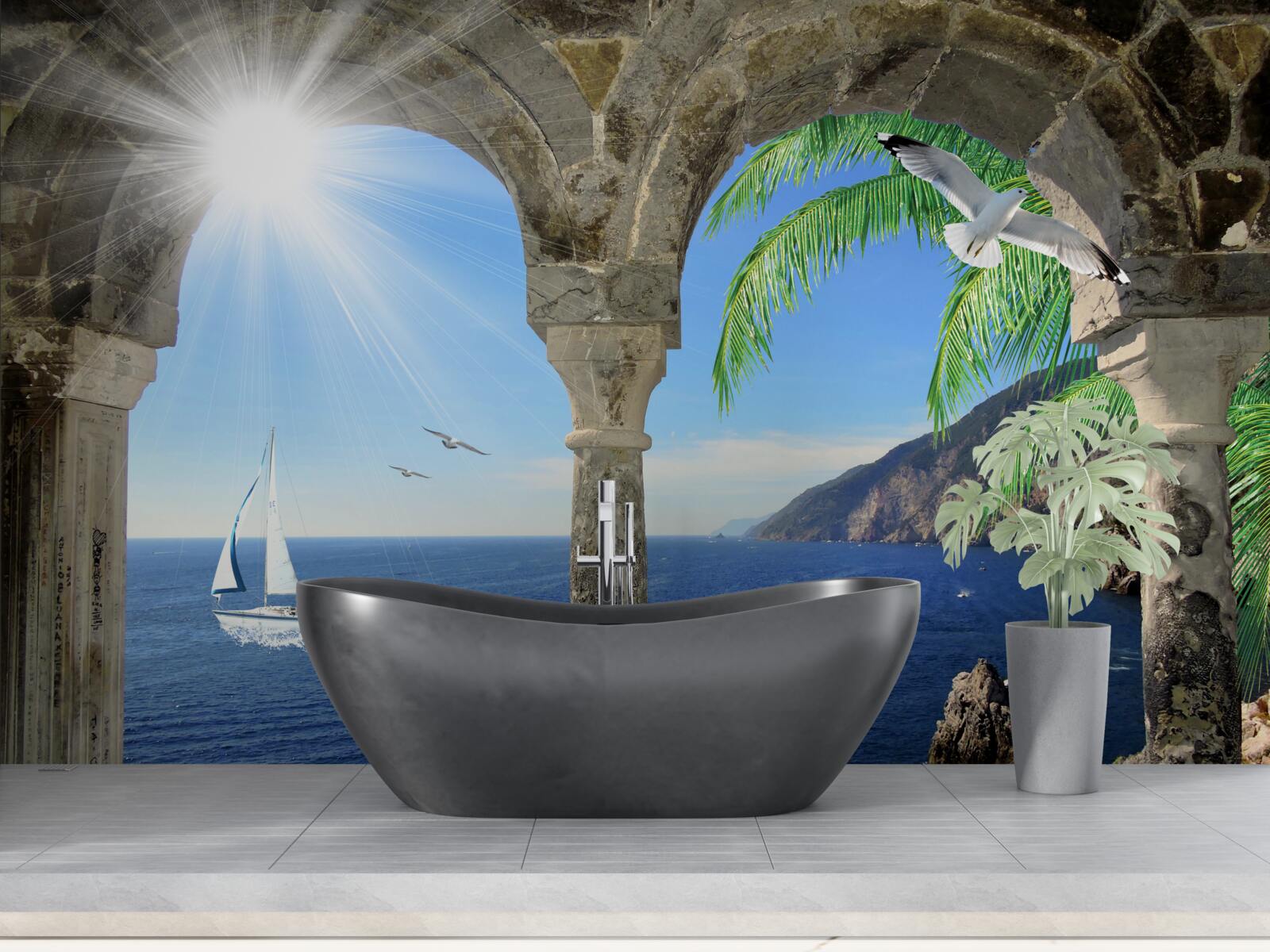 Фотошпалери старовинна арка з видом на море