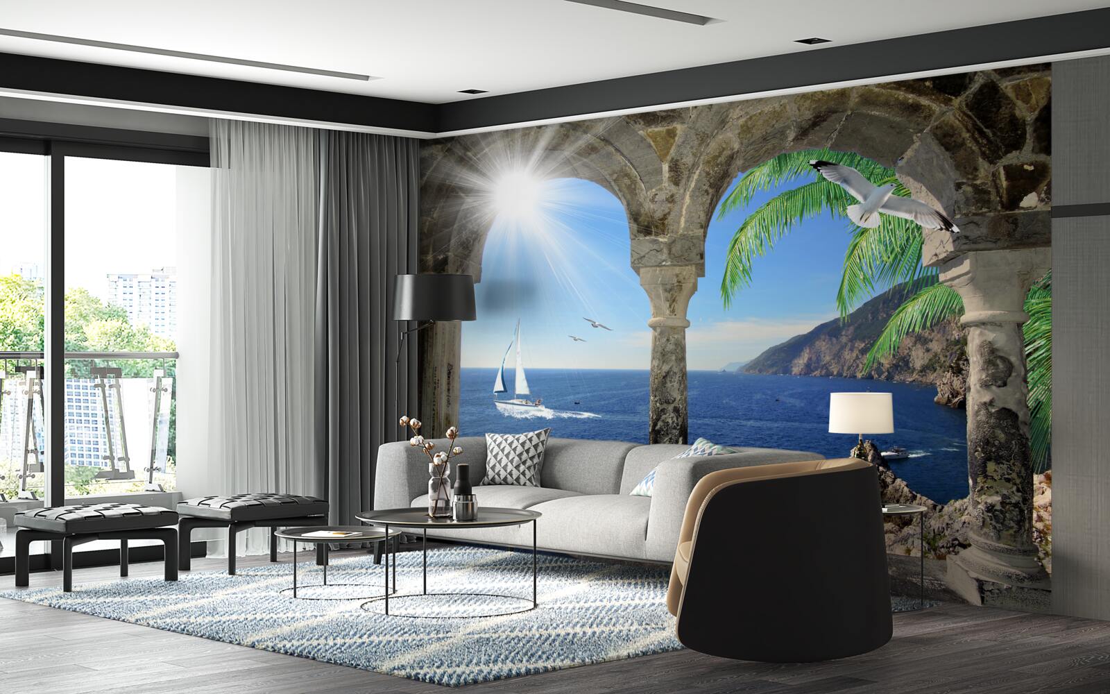 Фотошпалери старовинна арка з видом на море