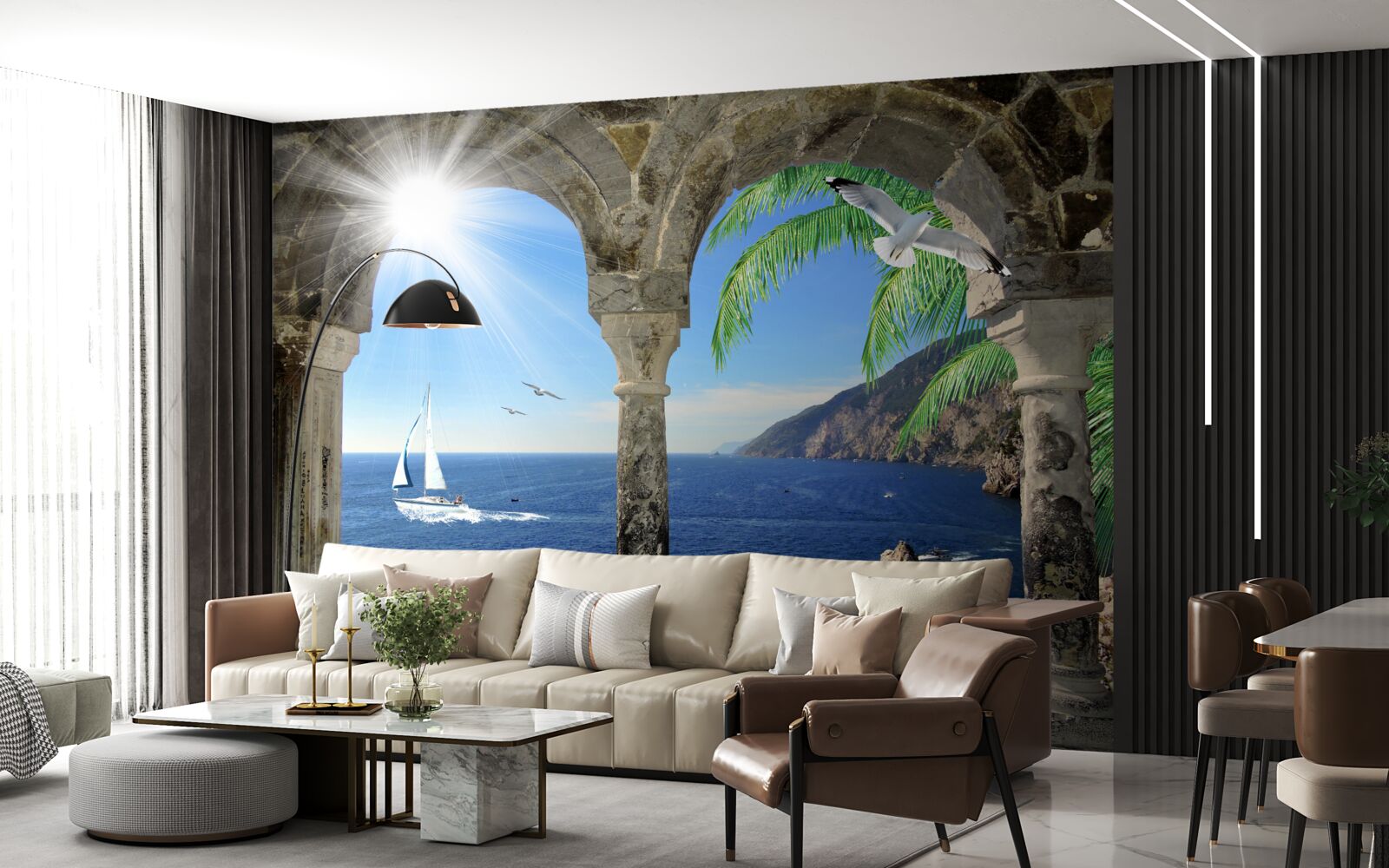 Фотошпалери старовинна арка з видом на море