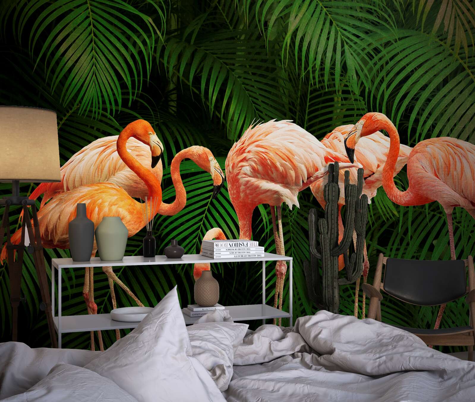 Фотошпалери рожеві фламінго в лісі з зеленими деревами