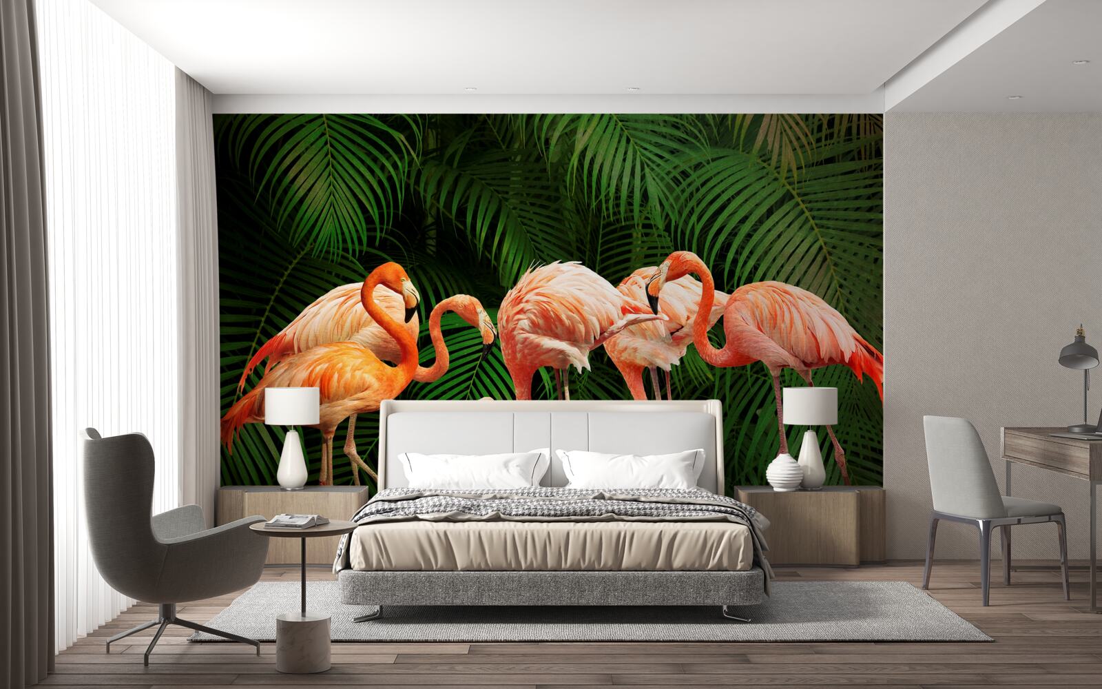 Фотошпалери рожеві фламінго в лісі з зеленими деревами