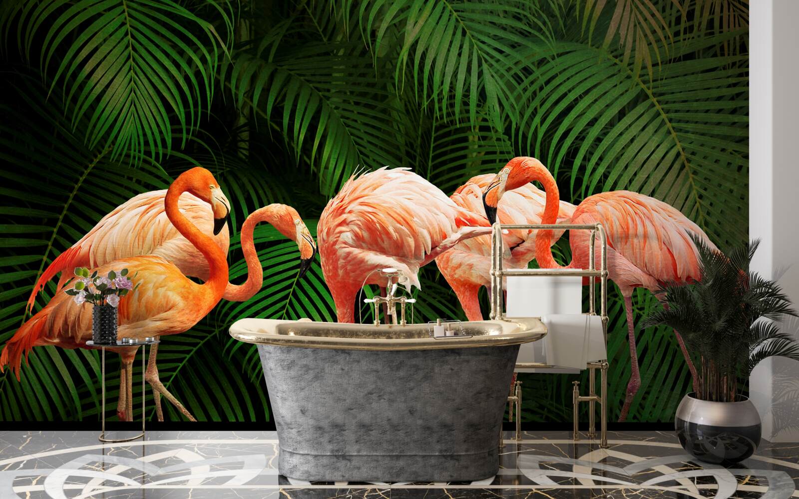 Фотошпалери рожеві фламінго в лісі з зеленими деревами