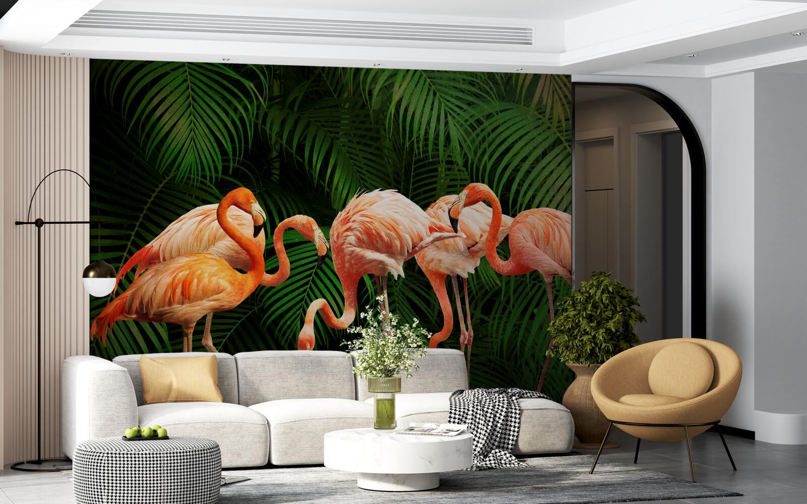 Фотошпалери рожеві фламінго в лісі з зеленими деревами