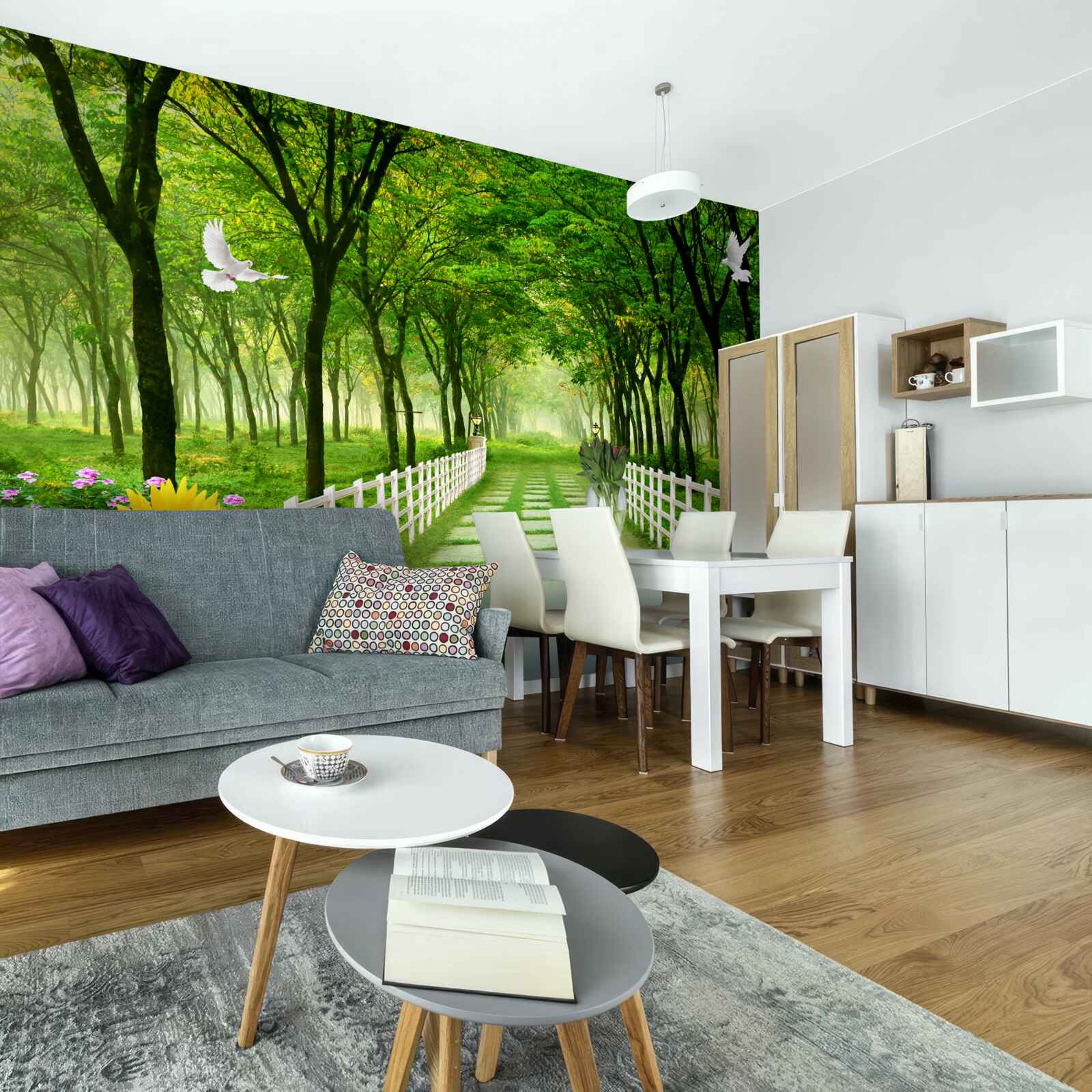 Фотошпалери пишний зелений ліс і стежка, всипана квітами