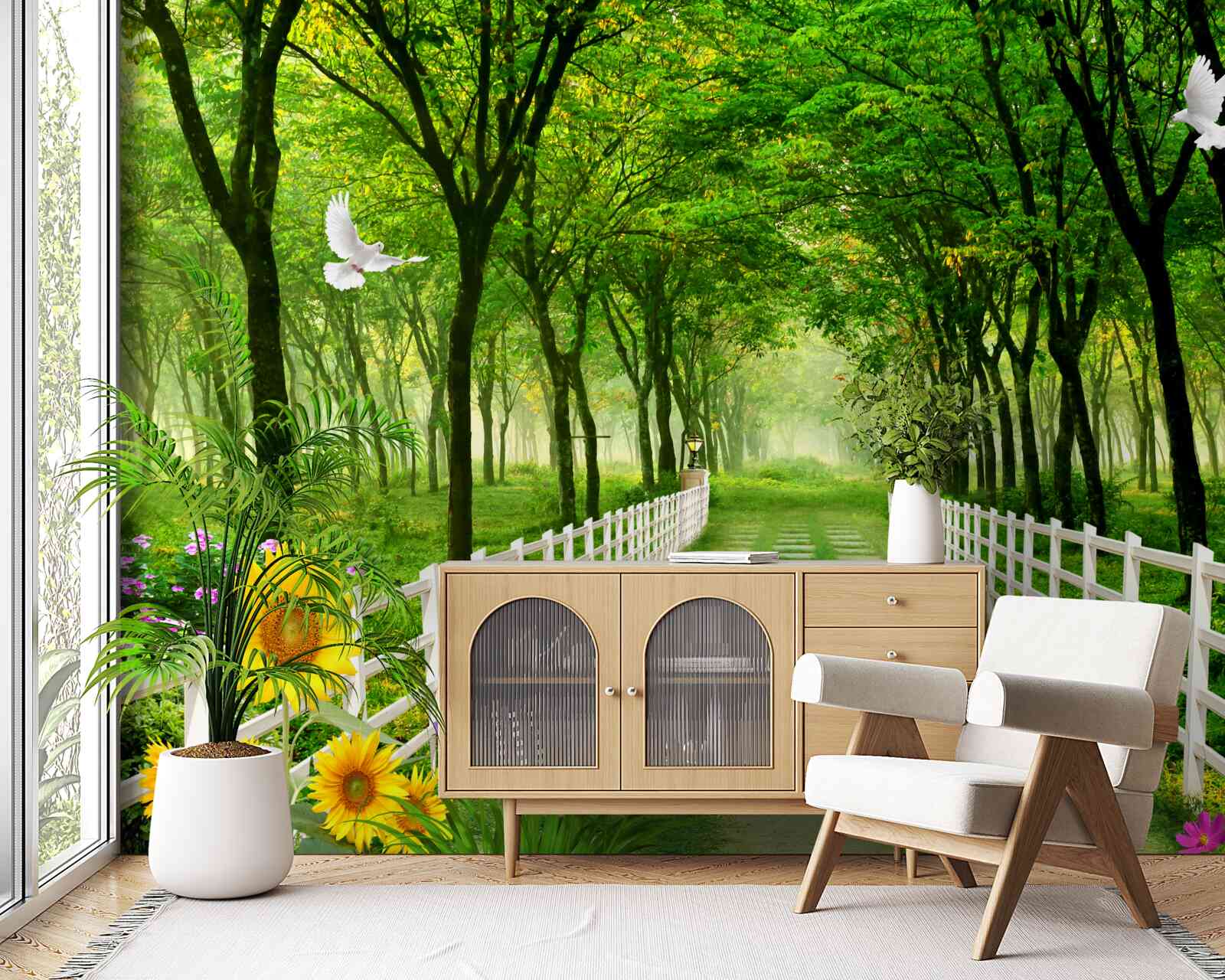 Фотошпалери пишний зелений ліс і стежка, всипана квітами