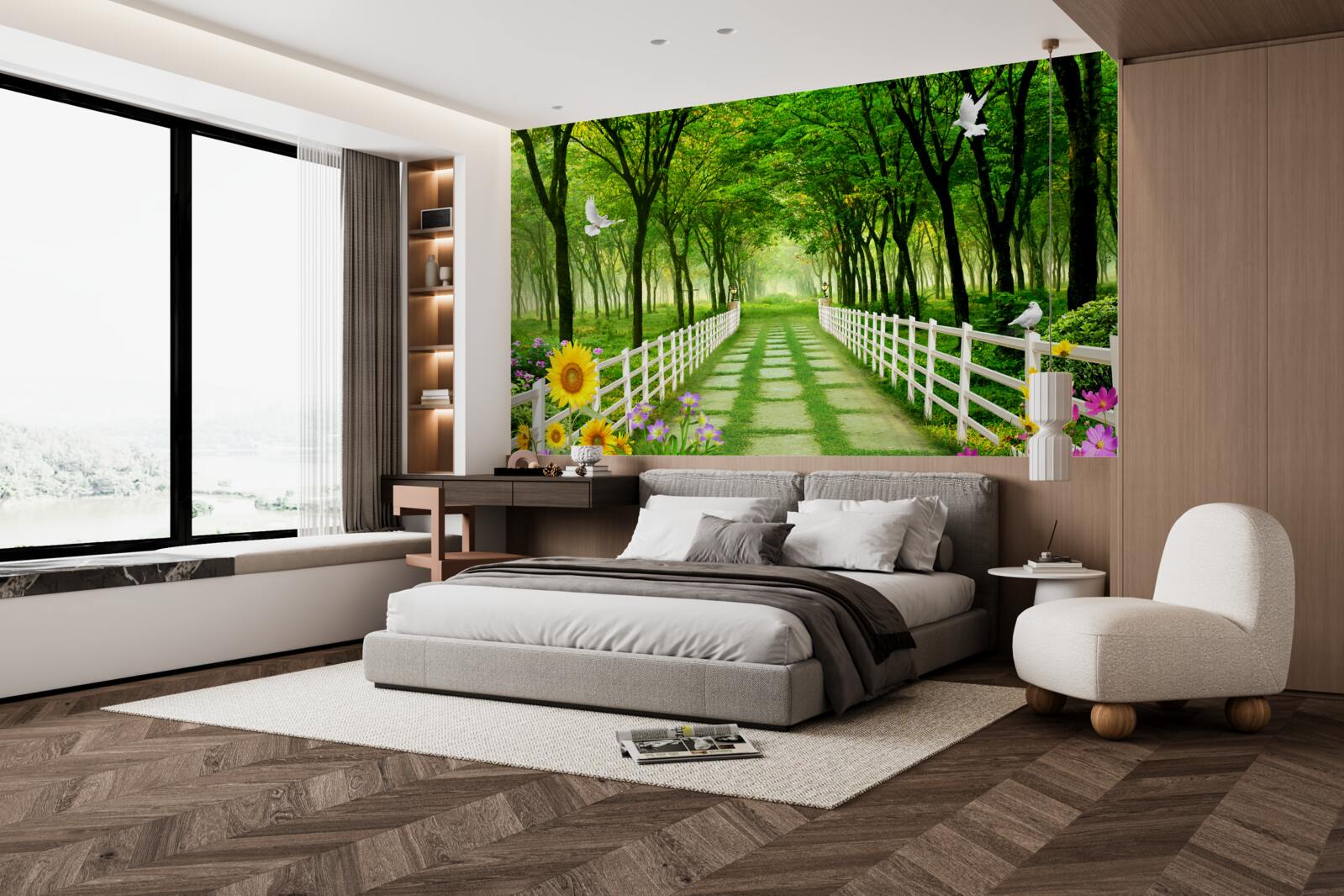 Фотошпалери пишний зелений ліс і стежка, всипана квітами