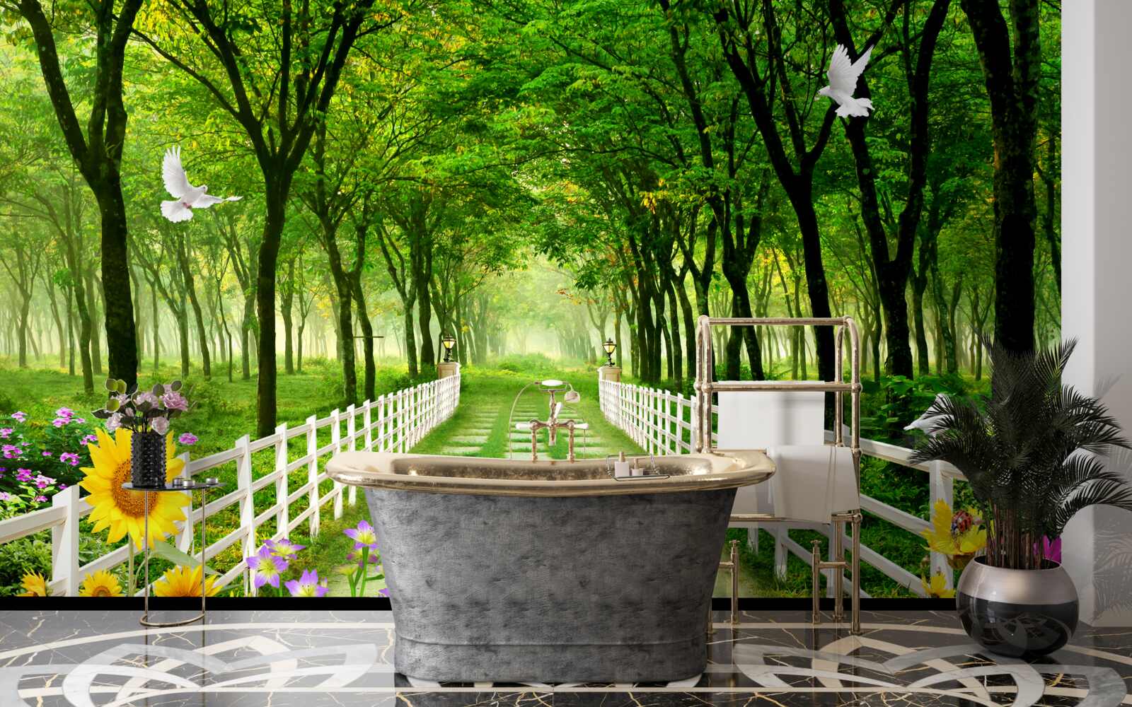 Фотошпалери пишний зелений ліс і стежка, всипана квітами