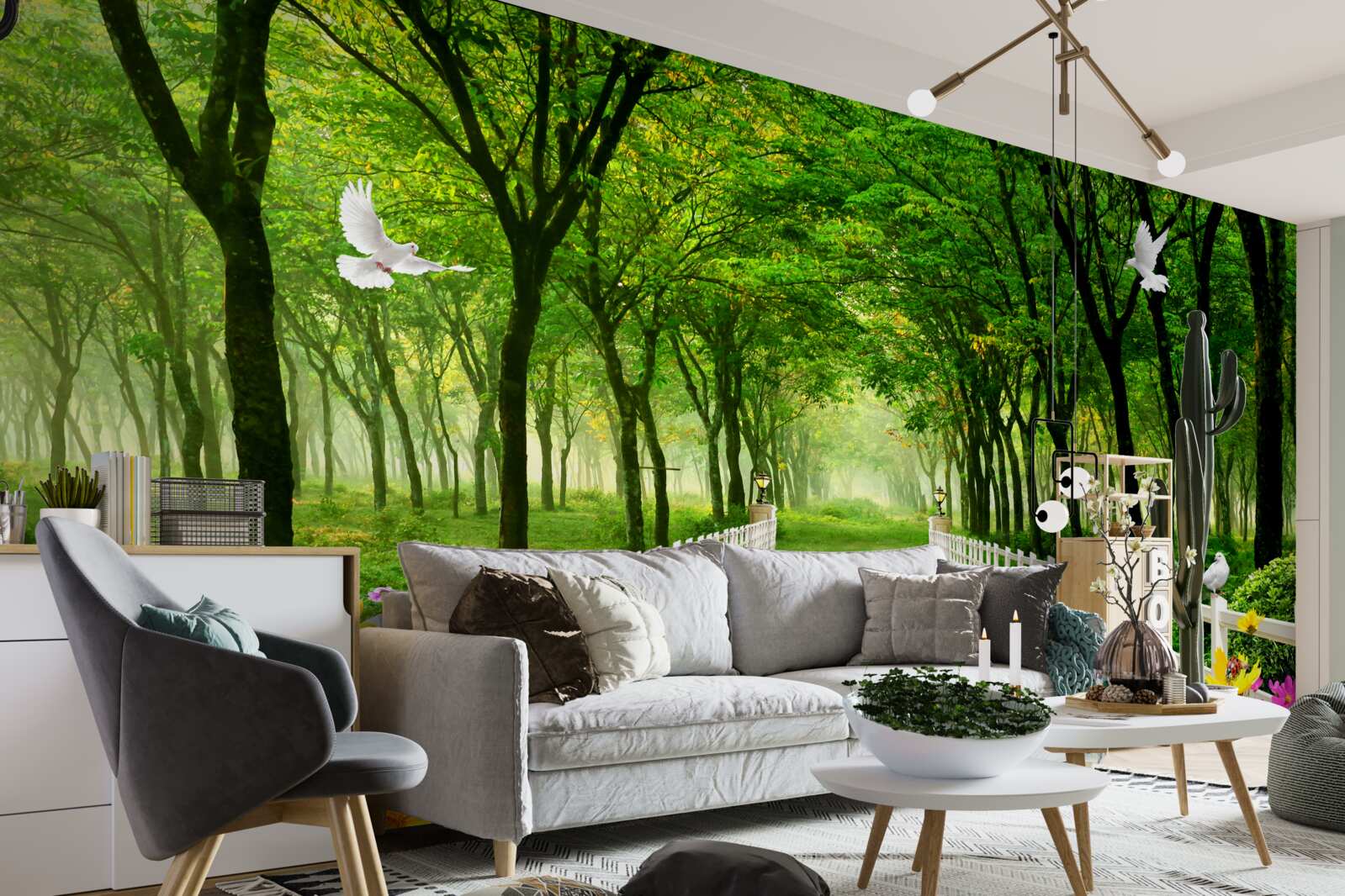 Фотошпалери пишний зелений ліс і стежка, всипана квітами