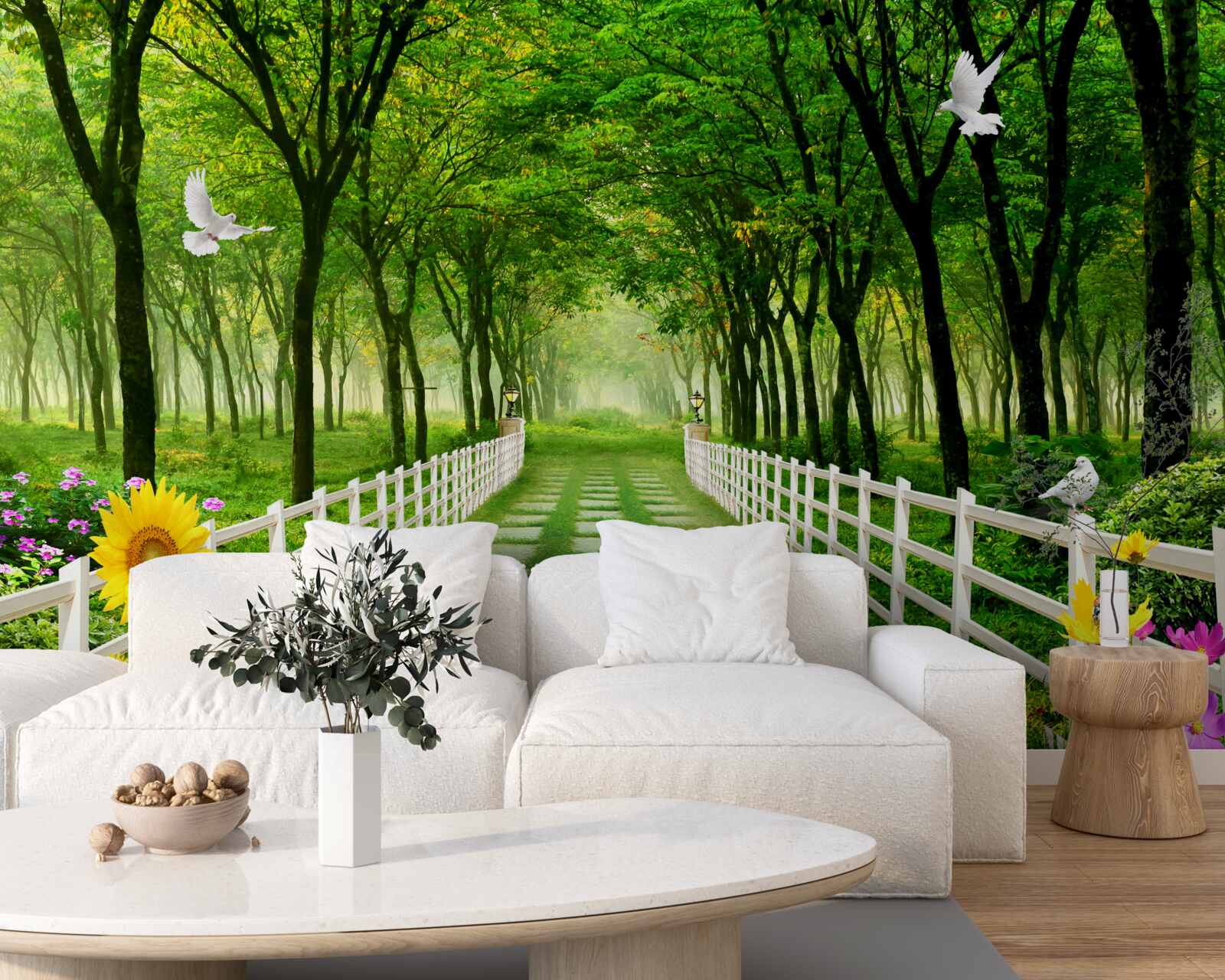 Фотошпалери пишний зелений ліс і стежка, всипана квітами