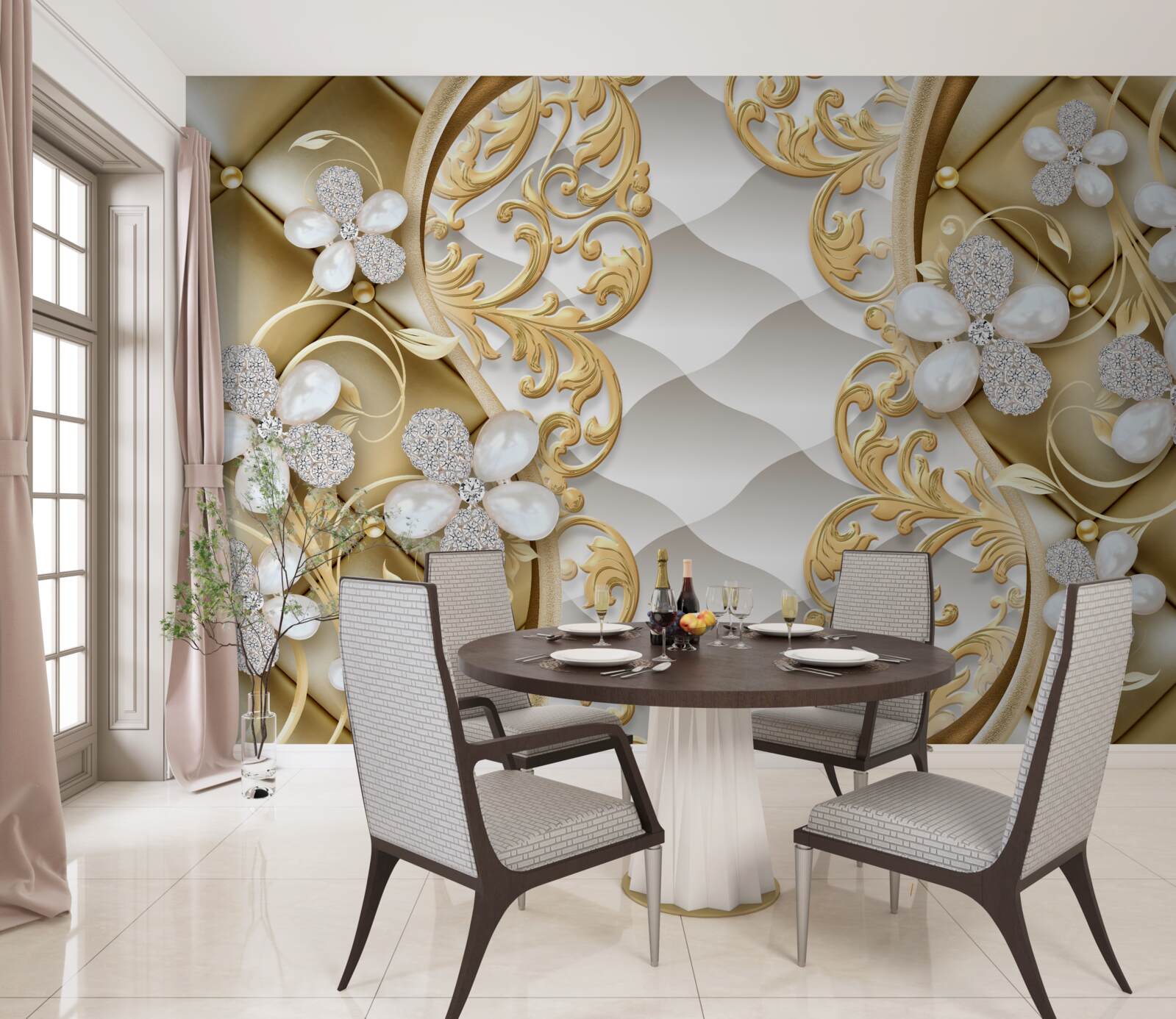 Фотошпалери ювелірні прикраси та метал у квіткових мотивах