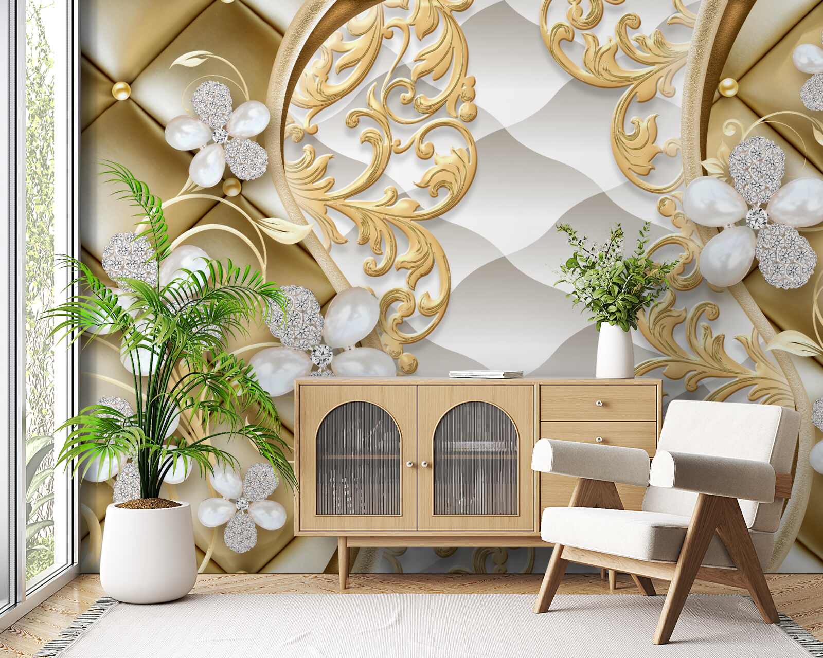 Фотошпалери ювелірні прикраси та метал у квіткових мотивах