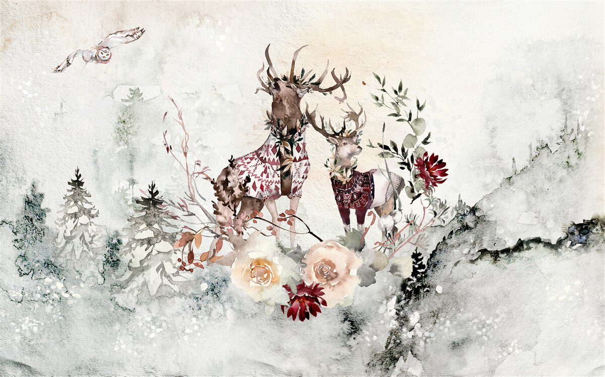 Фотошпалери у туманному лісі живуть прекрасні олені