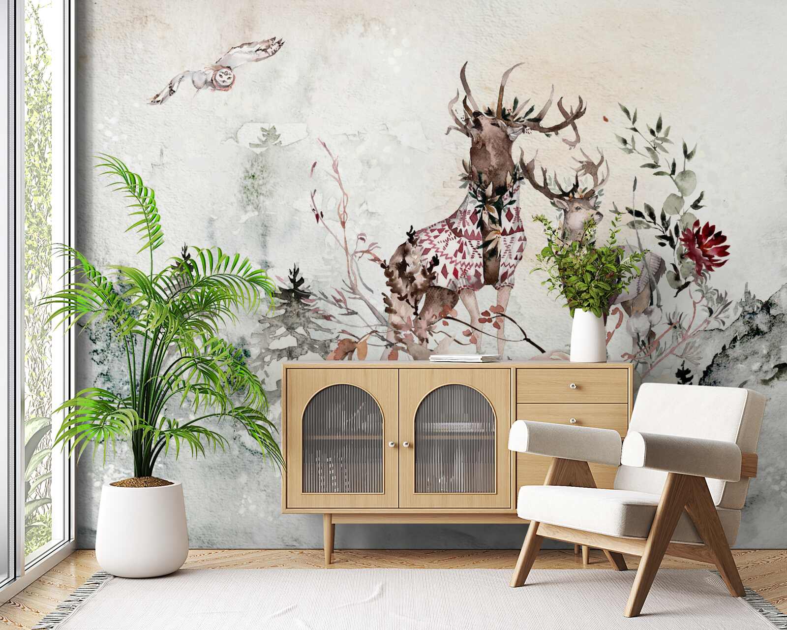 Фотошпалери у туманному лісі живуть прекрасні олені