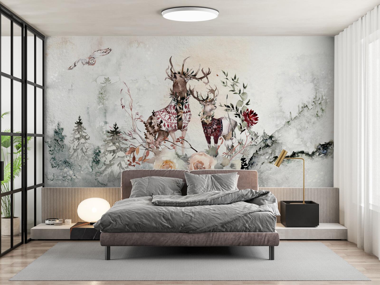 Фотошпалери у туманному лісі живуть прекрасні олені