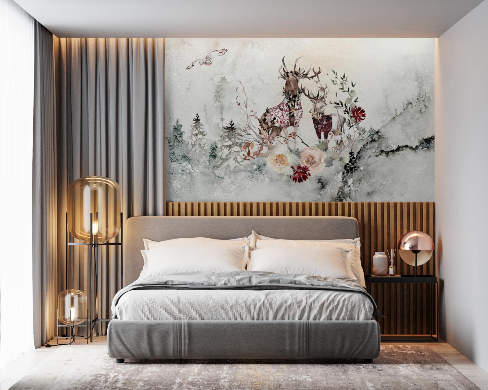 Фотошпалери у туманному лісі живуть прекрасні олені