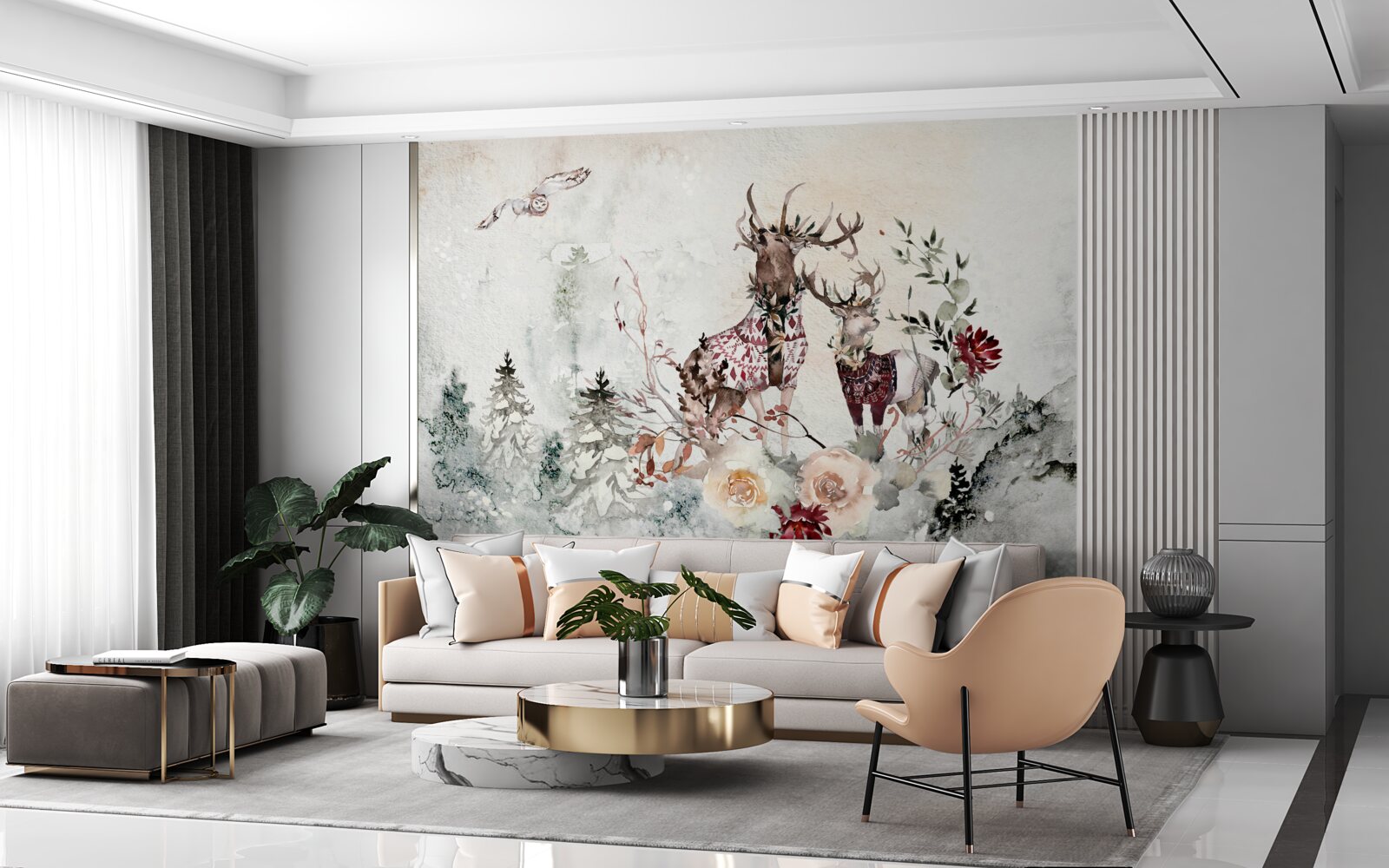 Фотошпалери у туманному лісі живуть прекрасні олені