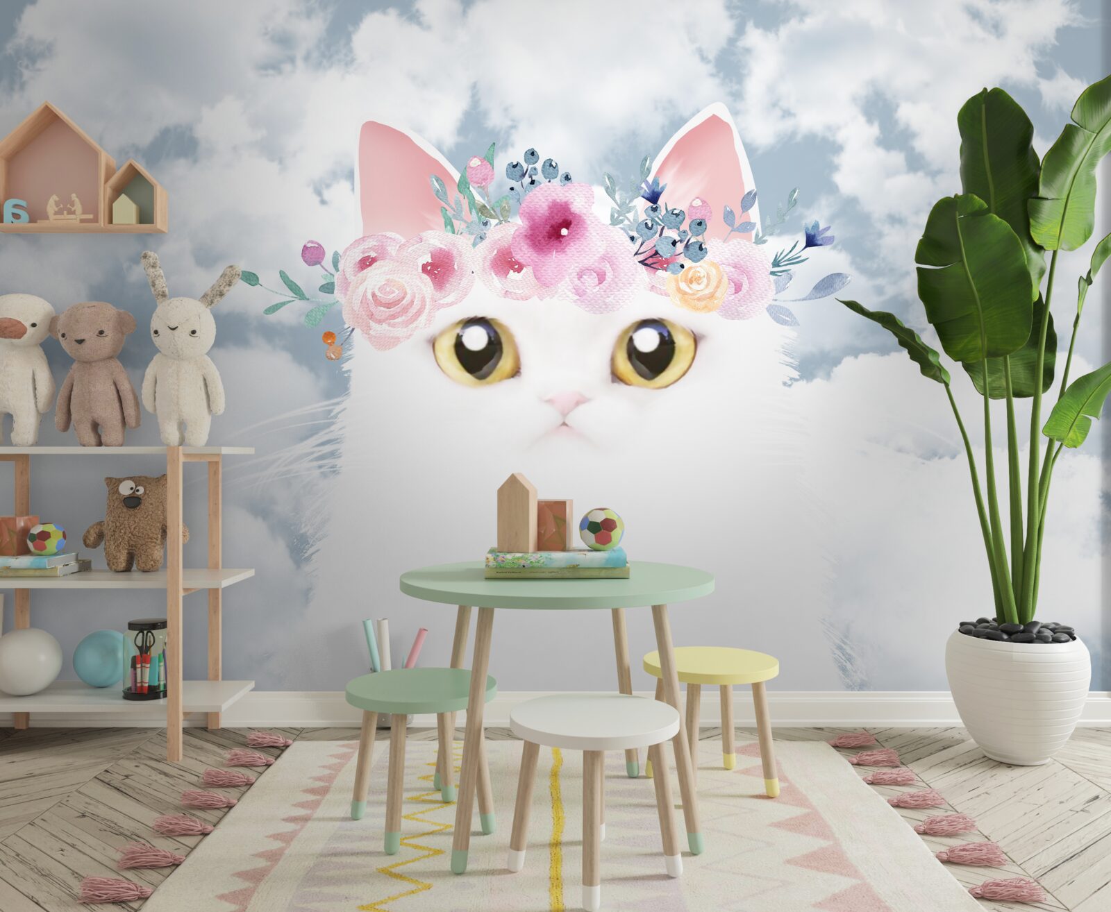 Фотошпалери кіт серед квітів на тлі неба з хмарами