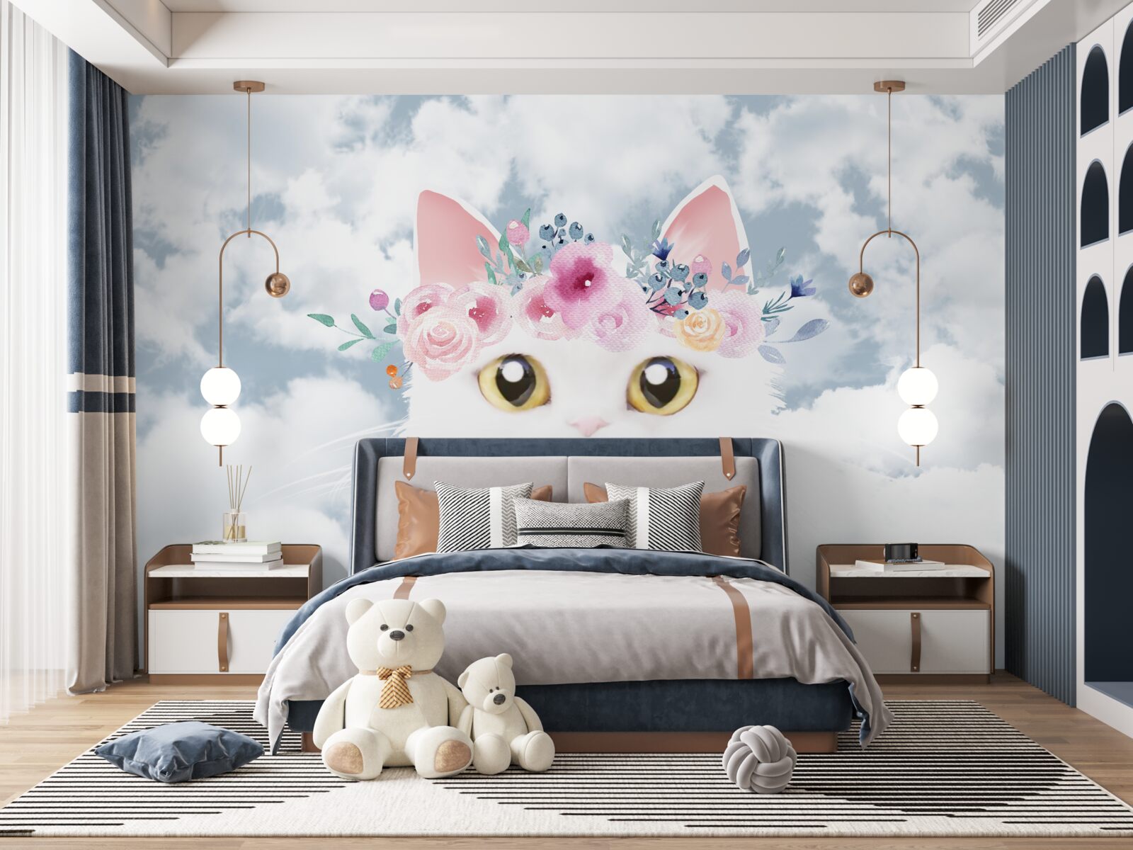 Фотошпалери кіт серед квітів на тлі неба з хмарами