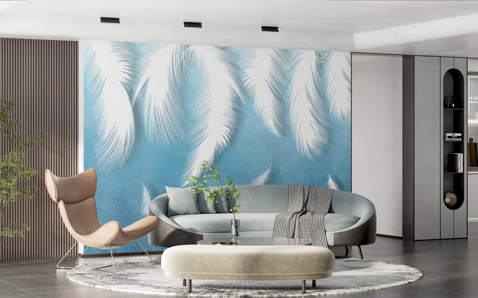 Фотошпалери біле пір'я, що падає в блакитне небо