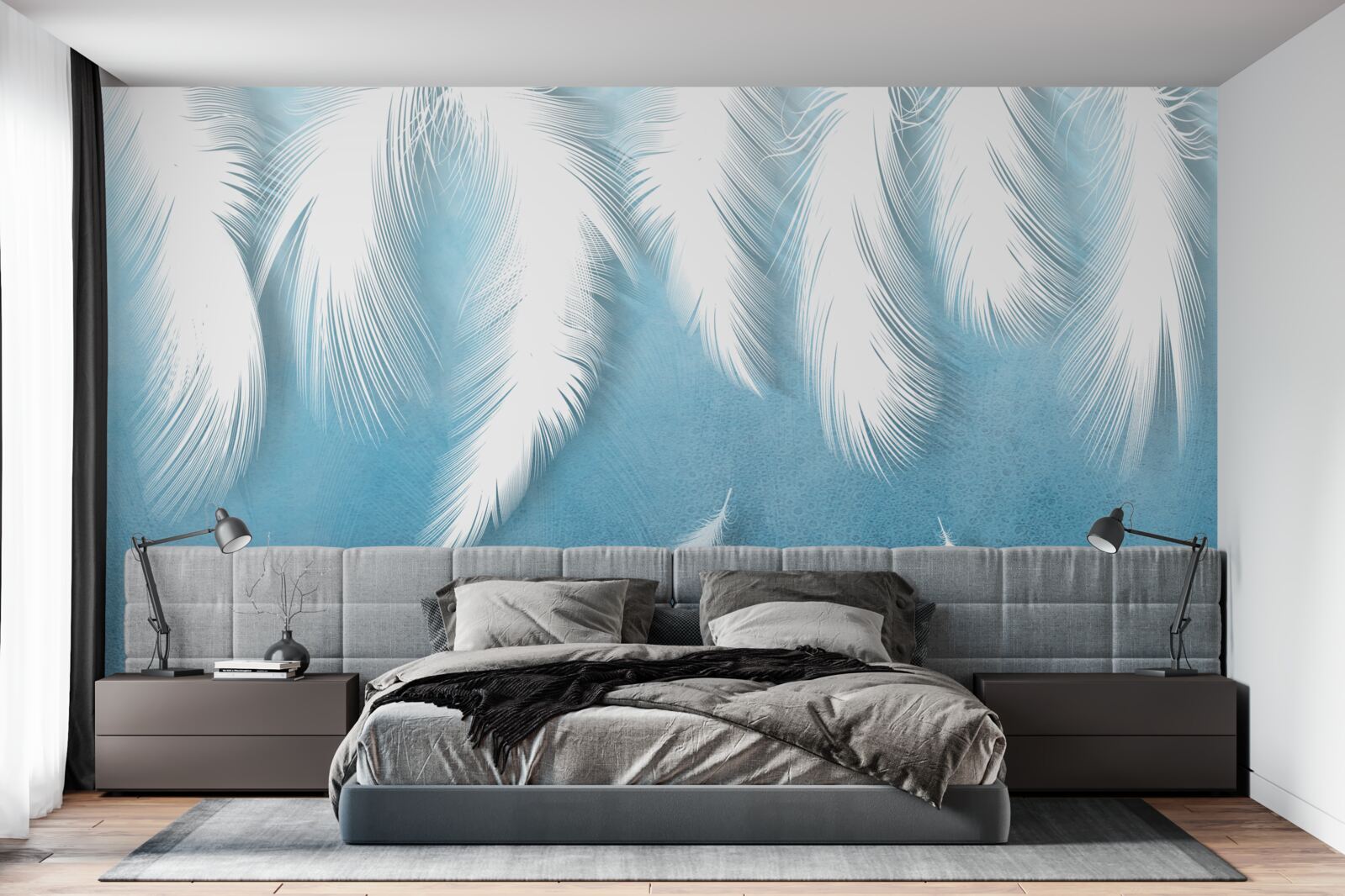 Фотошпалери біле пір'я, що падає в блакитне небо