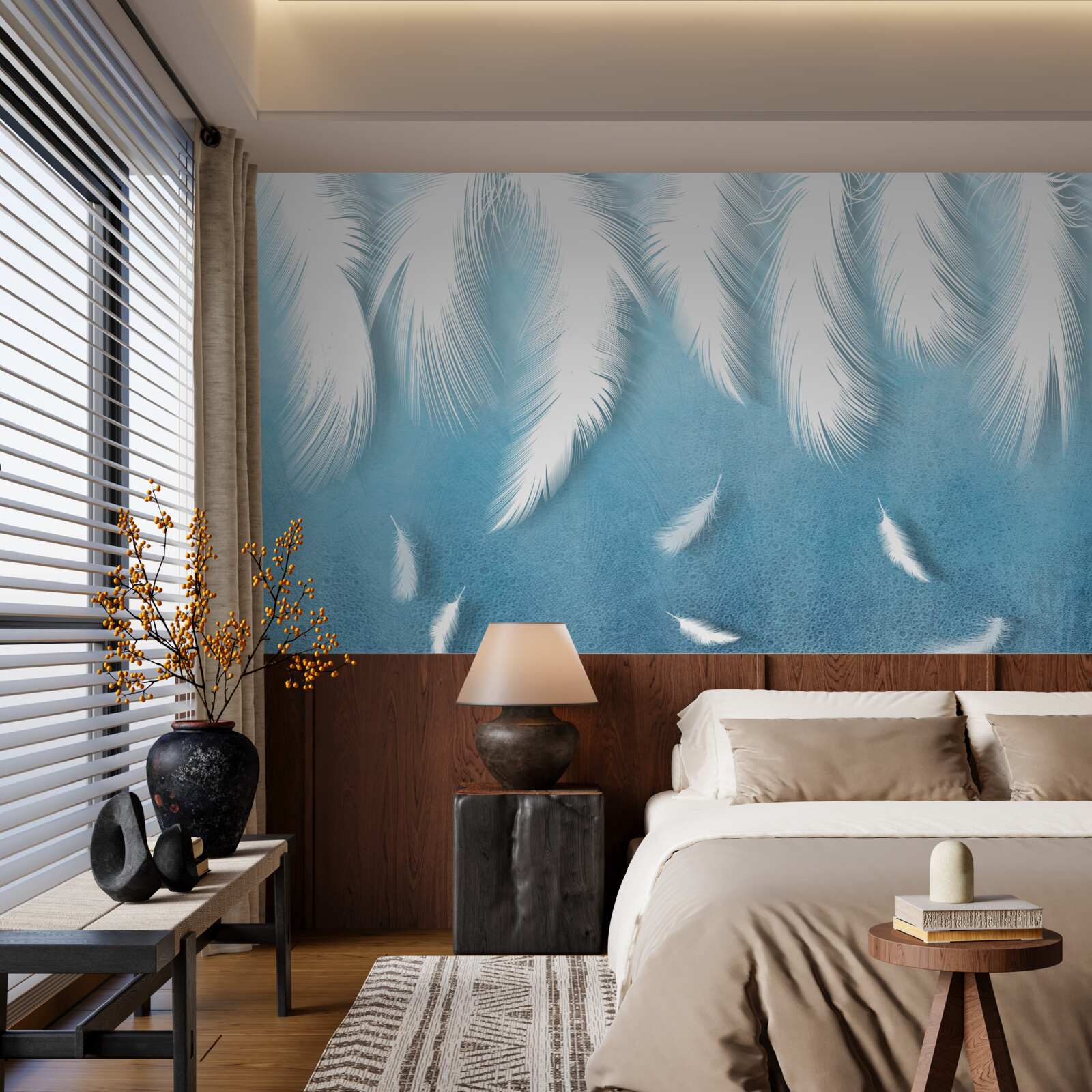 Фотошпалери біле пір'я, що падає в блакитне небо