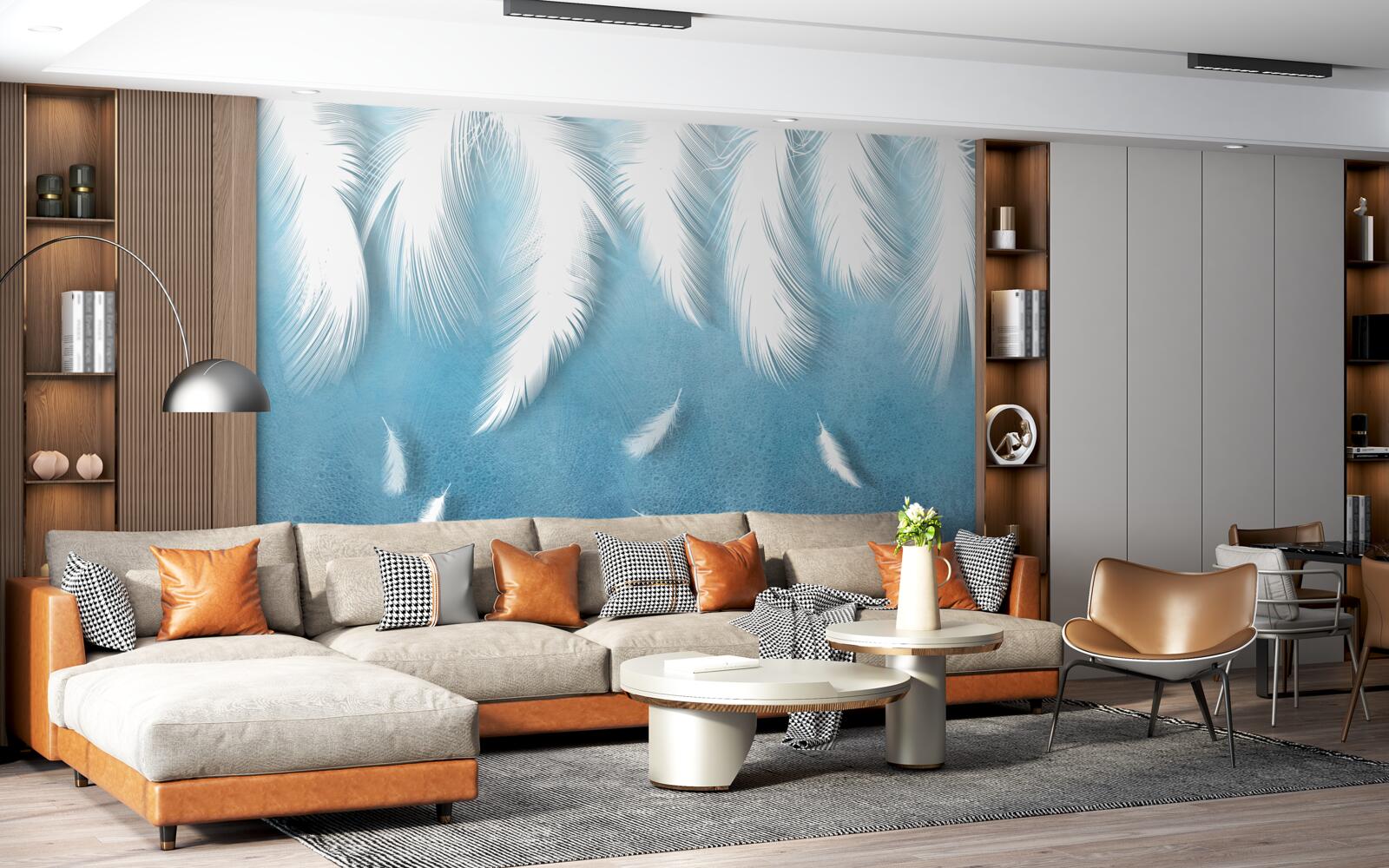 Фотошпалери біле пір'я, що падає в блакитне небо