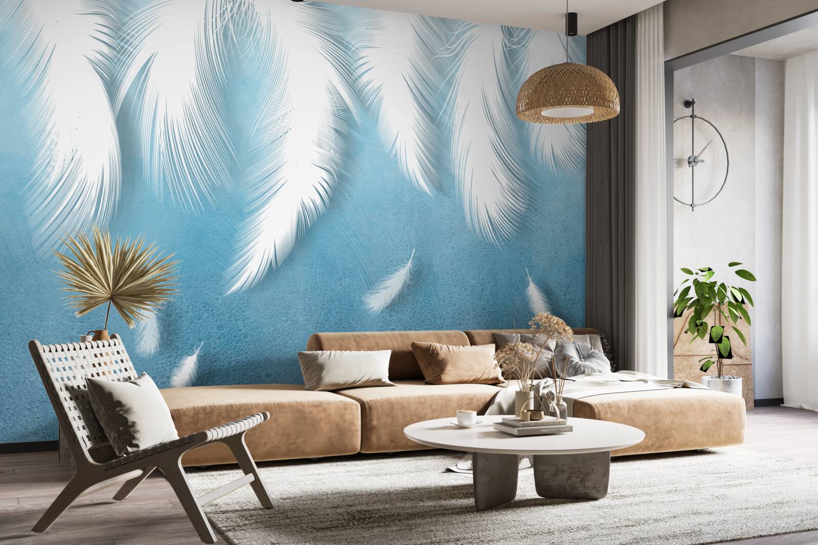 Фотошпалери біле пір'я, що падає в блакитне небо