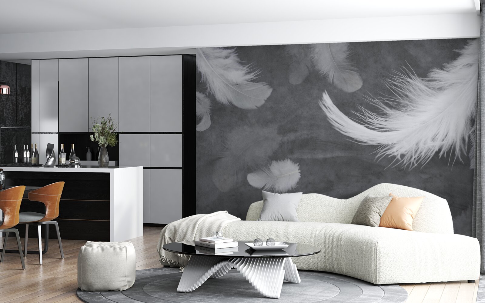 Фотошпалери Білосніжне пір'я, густо розсипане на сірому тлі
