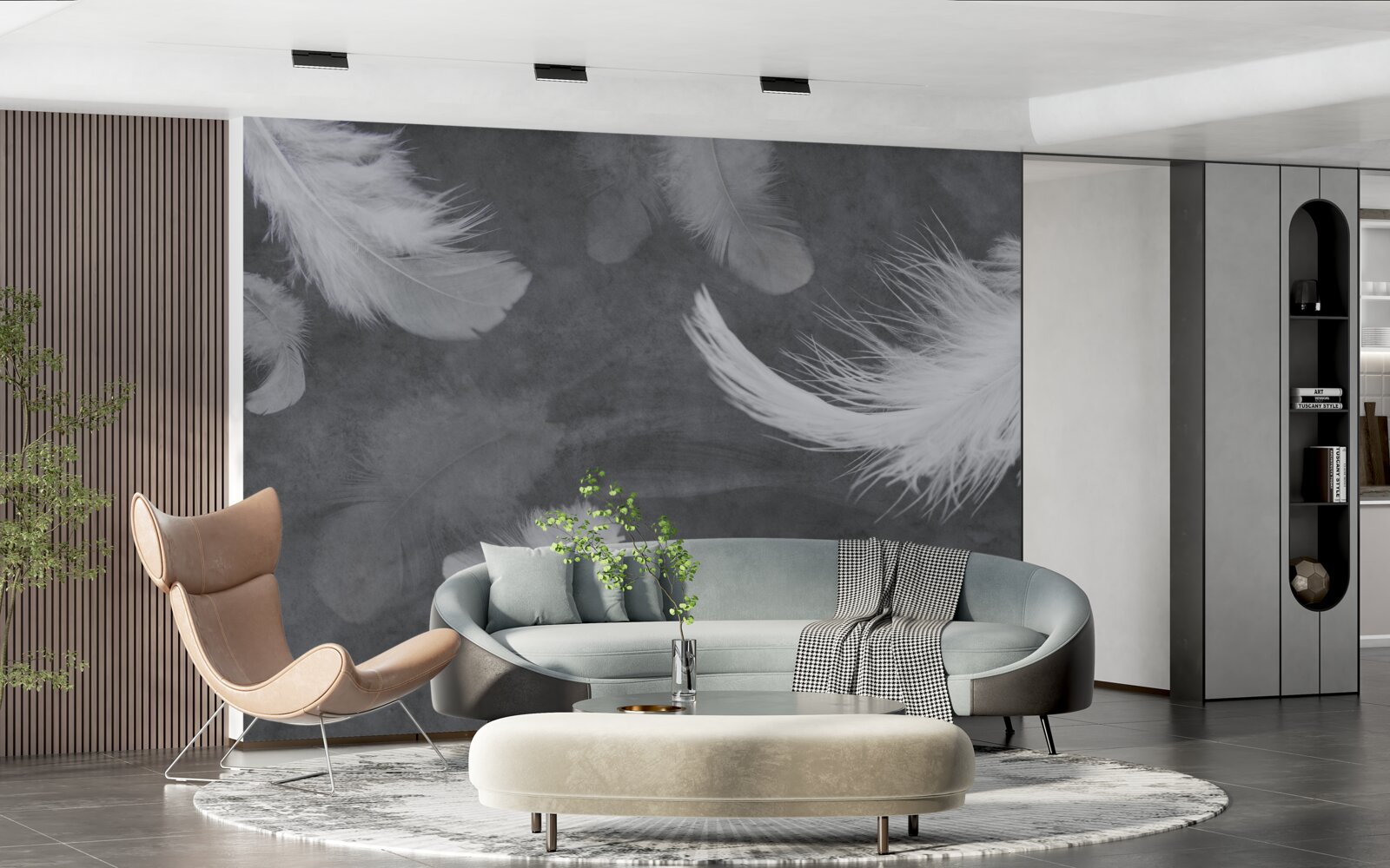 Фотошпалери Білосніжне пір'я, густо розсипане на сірому тлі