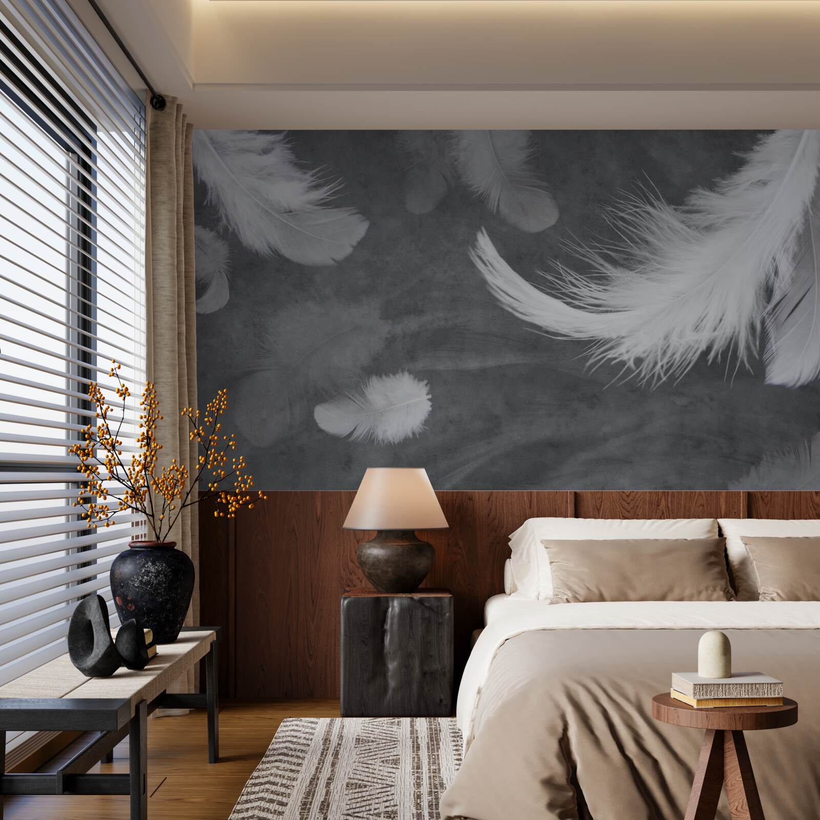 Фотошпалери Білосніжне пір'я, густо розсипане на сірому тлі