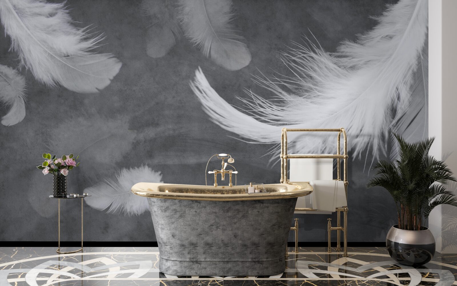 Фотошпалери Білосніжне пір'я, густо розсипане на сірому тлі