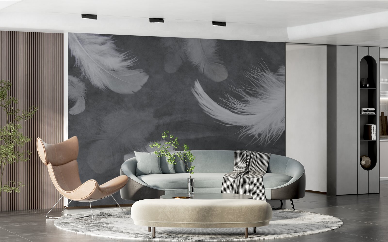 Фотошпалери Білосніжне пір'я, густо розсипане на сірому тлі