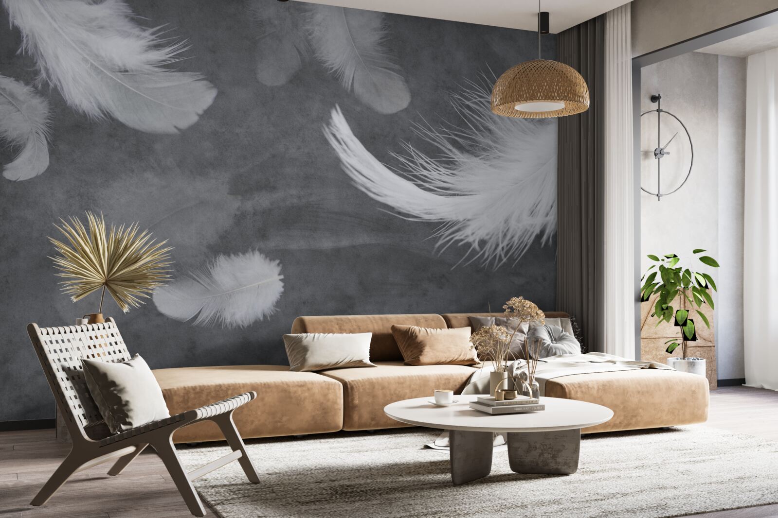Фотошпалери Білосніжне пір'я, густо розсипане на сірому тлі