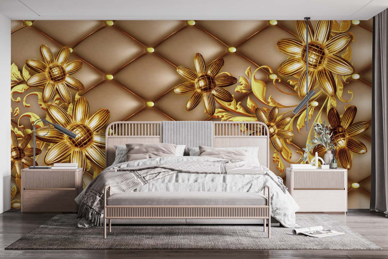 Фотошпалери золоті квіти на тканині