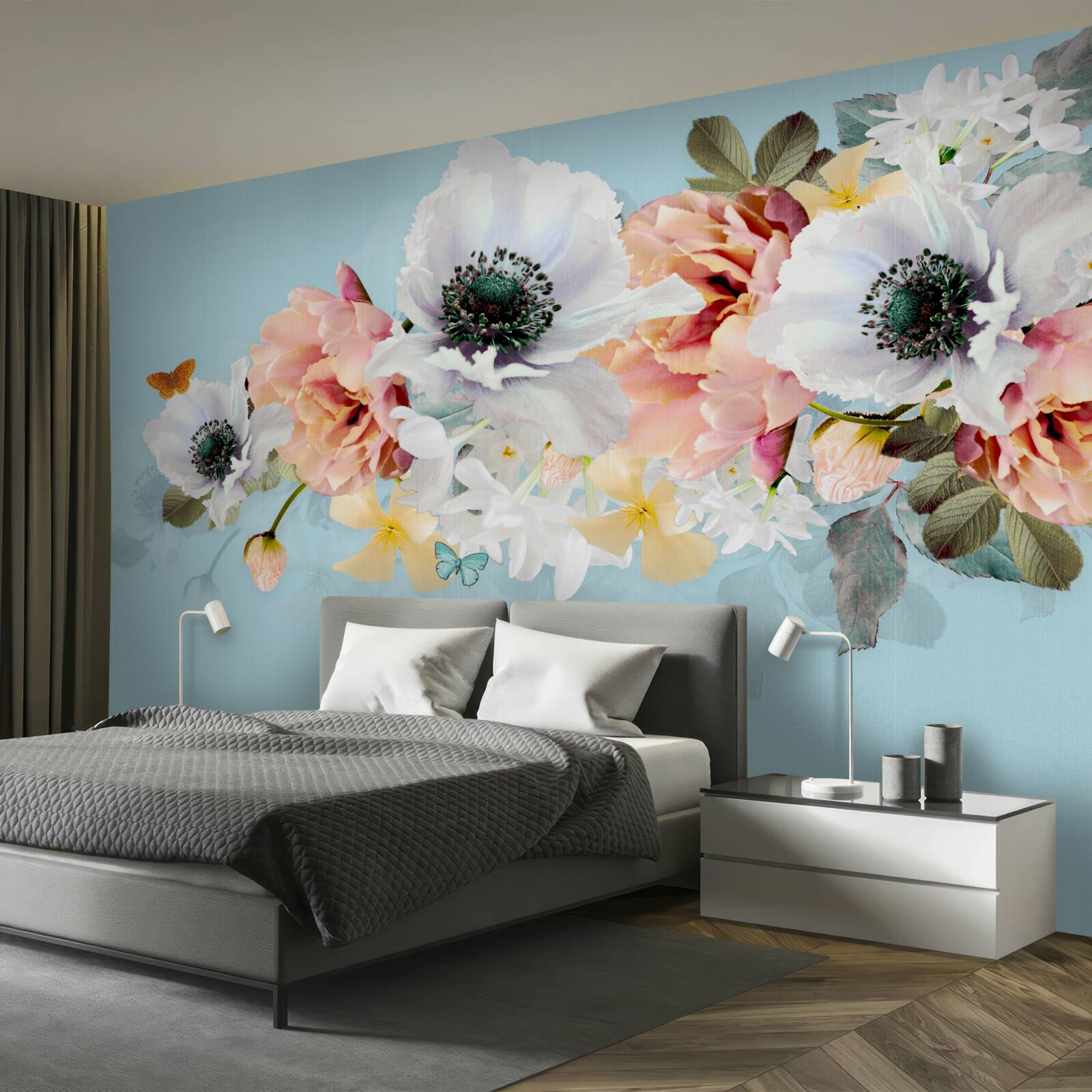 Фотошпалери букет білих маків та інших квітів